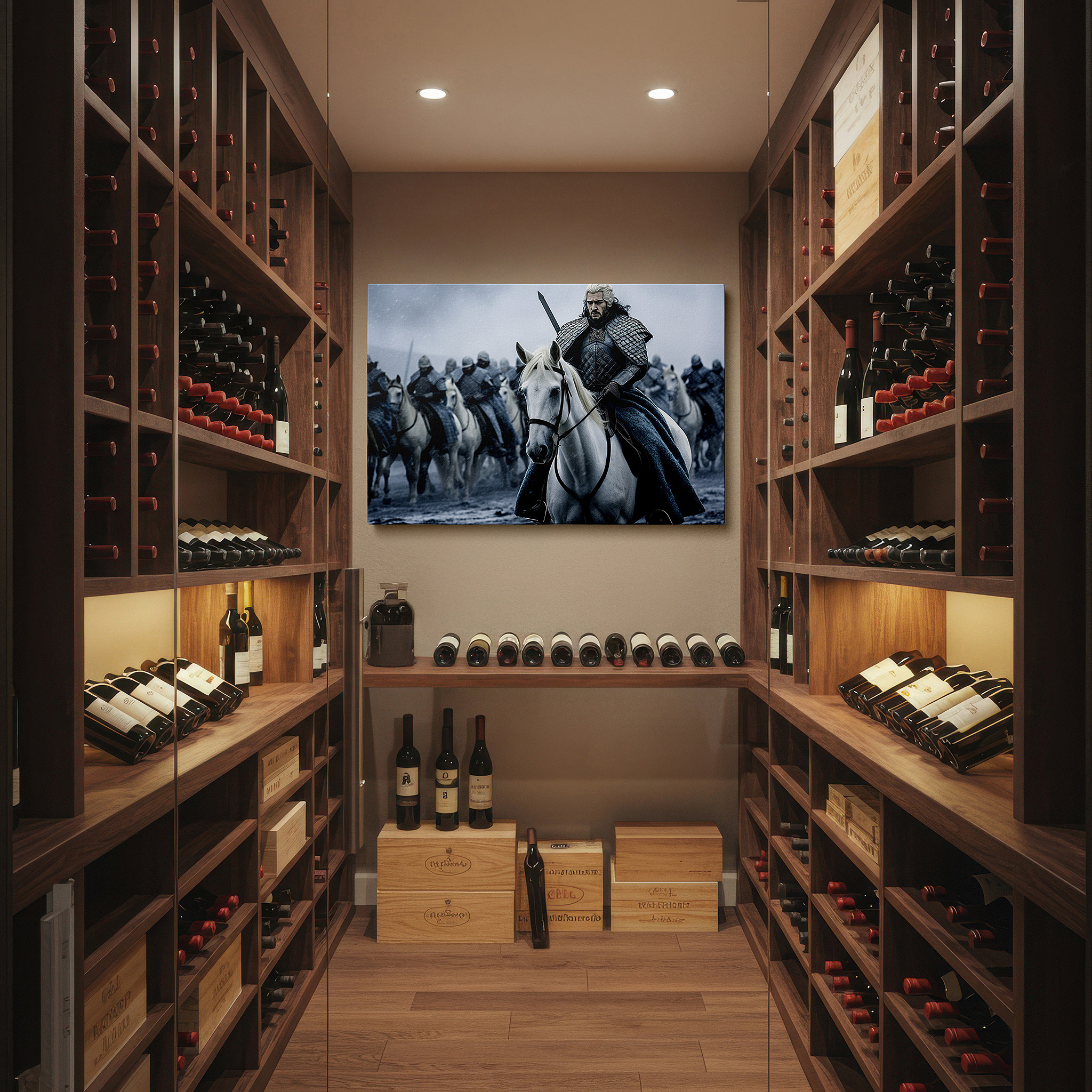 Aligned with a curated gallery wall of abstract artworks — medieval knight and faithful troops in a wintry scene large canvas wall art, office and bedroom decor