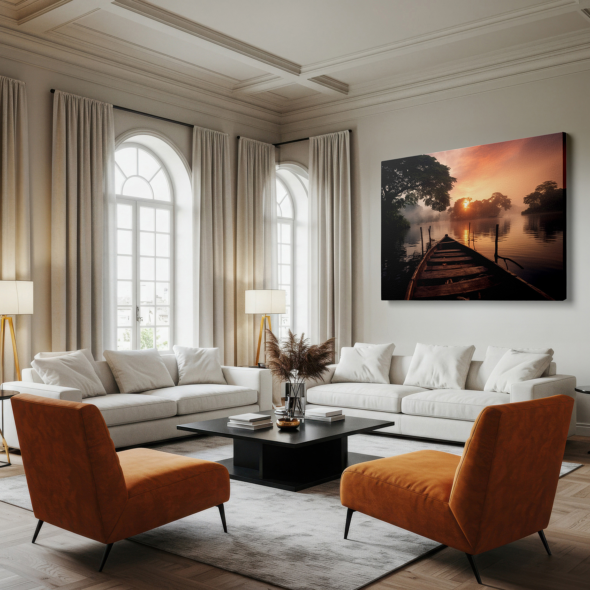 Aligned with a curated gallery wall of abstract artworks — misty sunrise over tranquil lake featuring rustic boat and ethereal light - large canvas wall art for office and bedroom decor