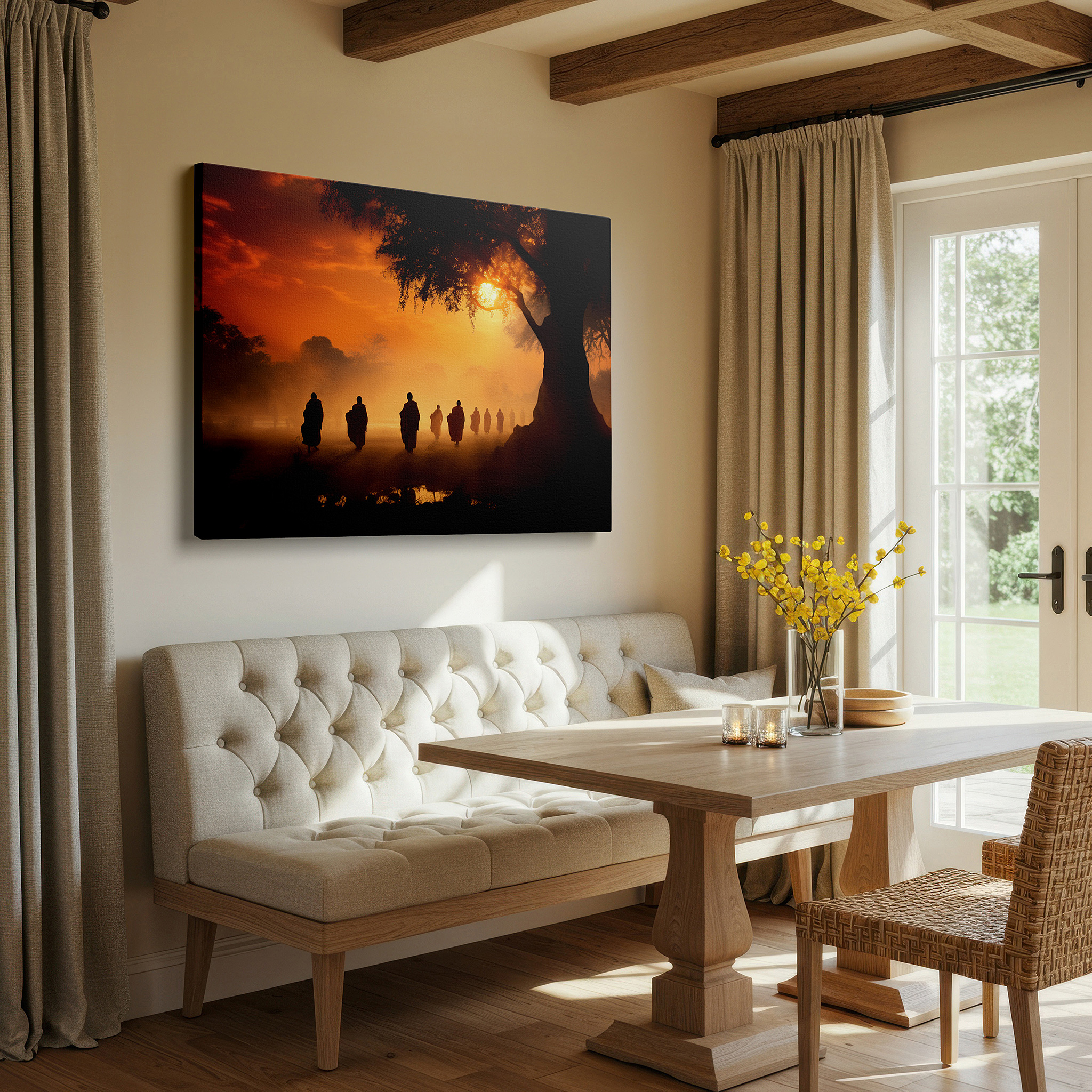 Aligned with a curated gallery wall of abstract artworks — monks' procession towards enlightenment amidst nature's glow - large canvas wall art for office, bedroom, and living room decor