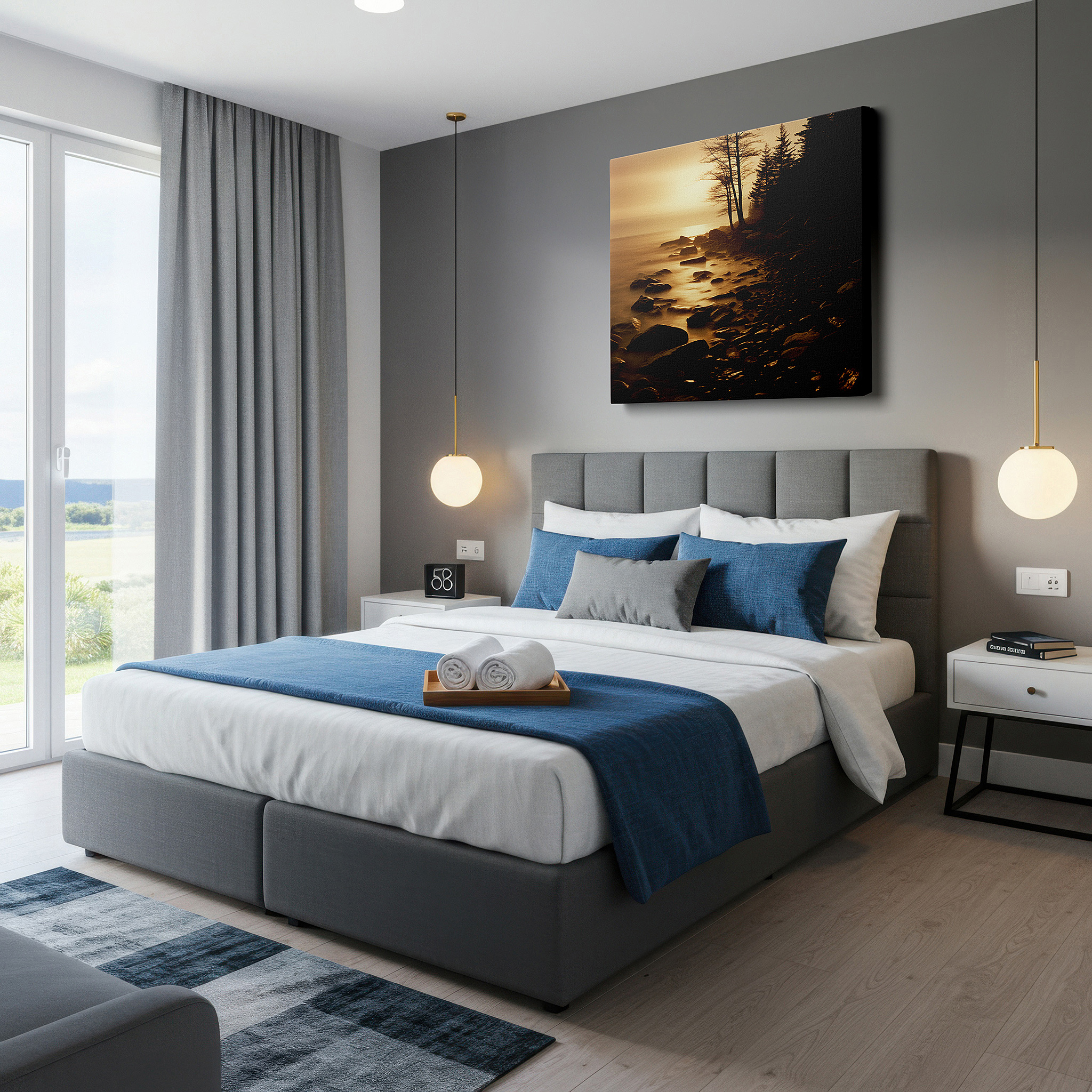 Aligned with a curated gallery wall of abstract artworks — mystical shoreline at dusk: tranquil light and shadow interplay - large wall art, canvas, decor for office and bedroom