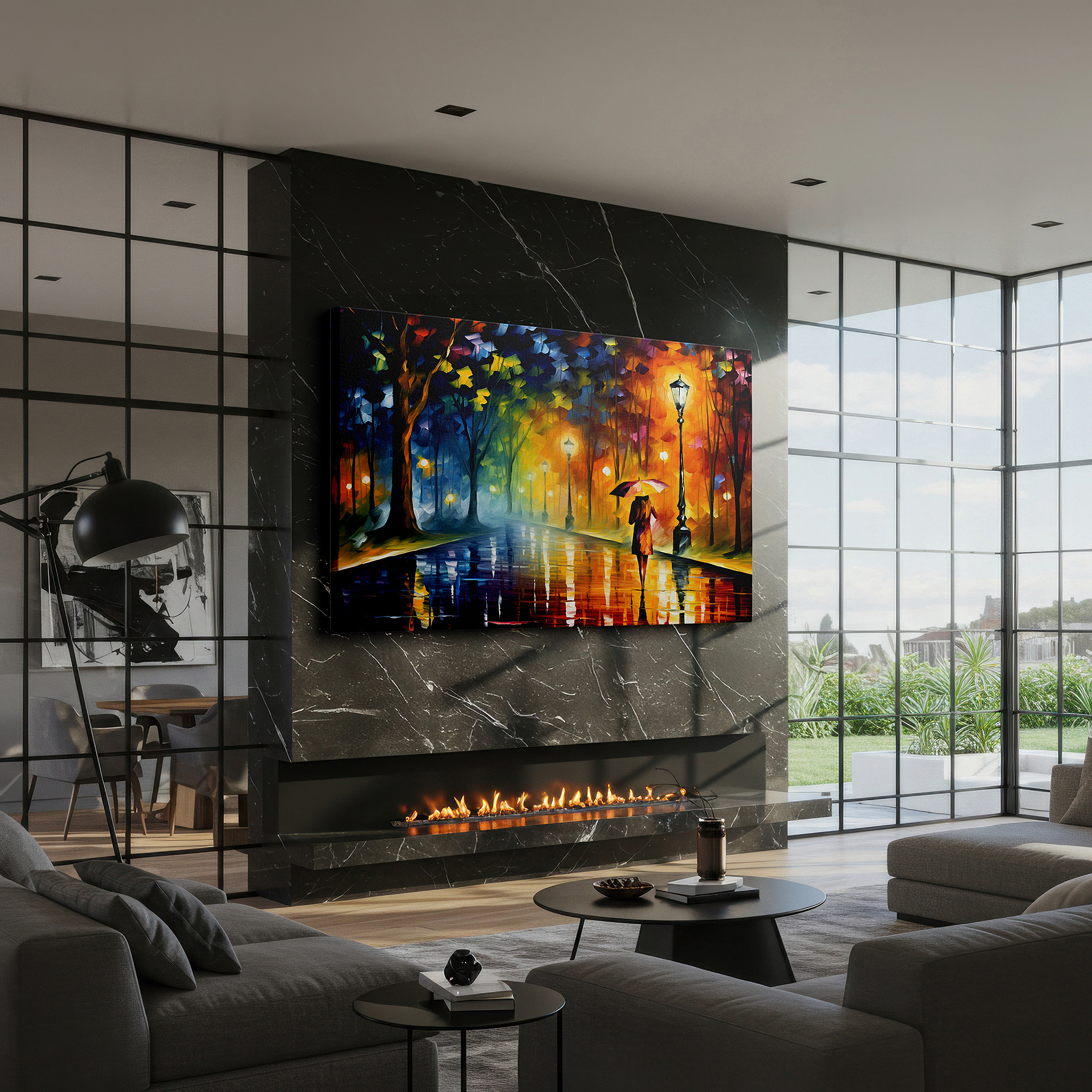 Aligned with a curated gallery wall of abstract artworks — rain-swept streets with ethereal lights - serene urban evening large wall art, canvas wall art, wall decor for office, bedroom, and living room