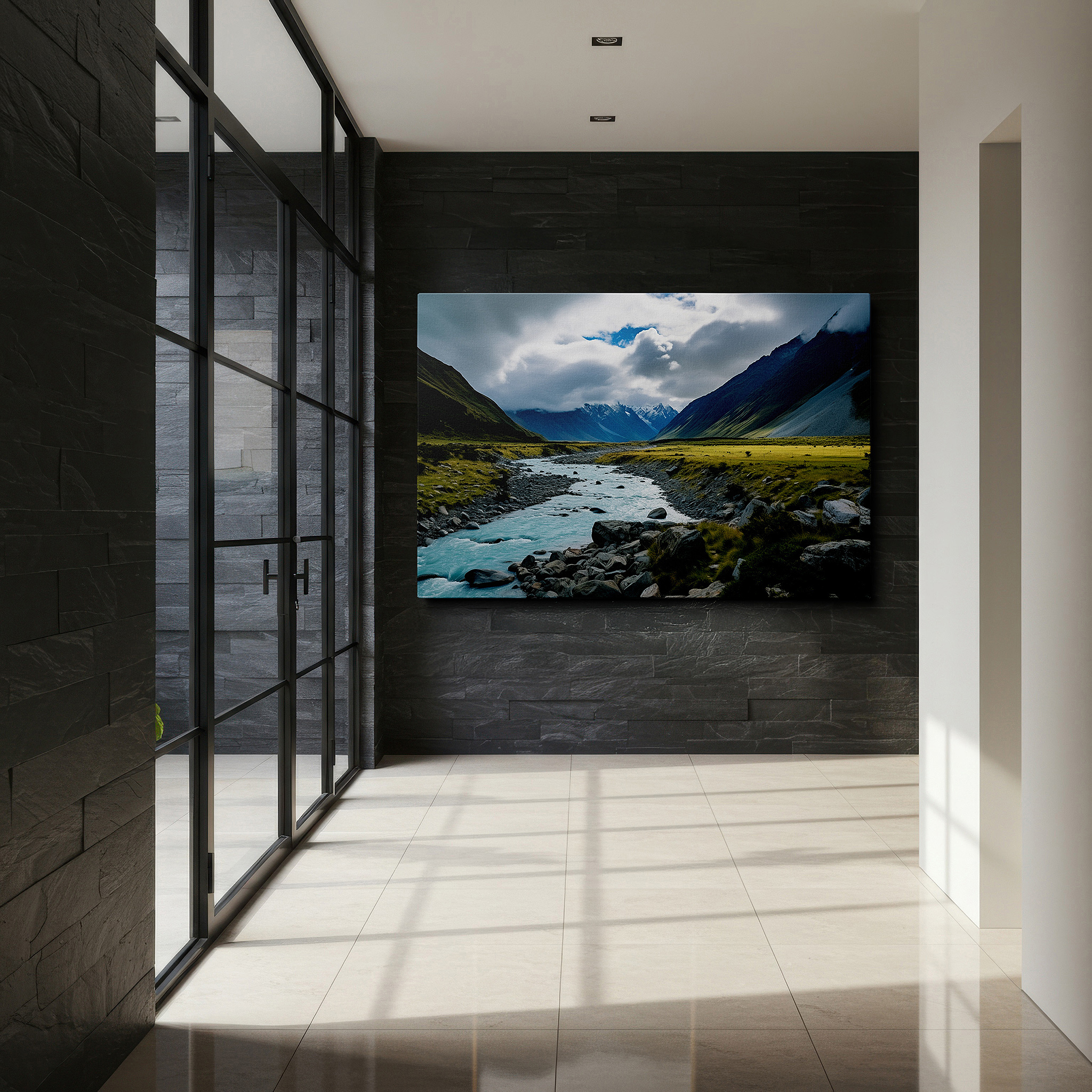 Aligned with a curated gallery wall of abstract artworks — river's reflection amid lush valleys and towering mountains: large canvas wall art for office, bedroom, and living room decor