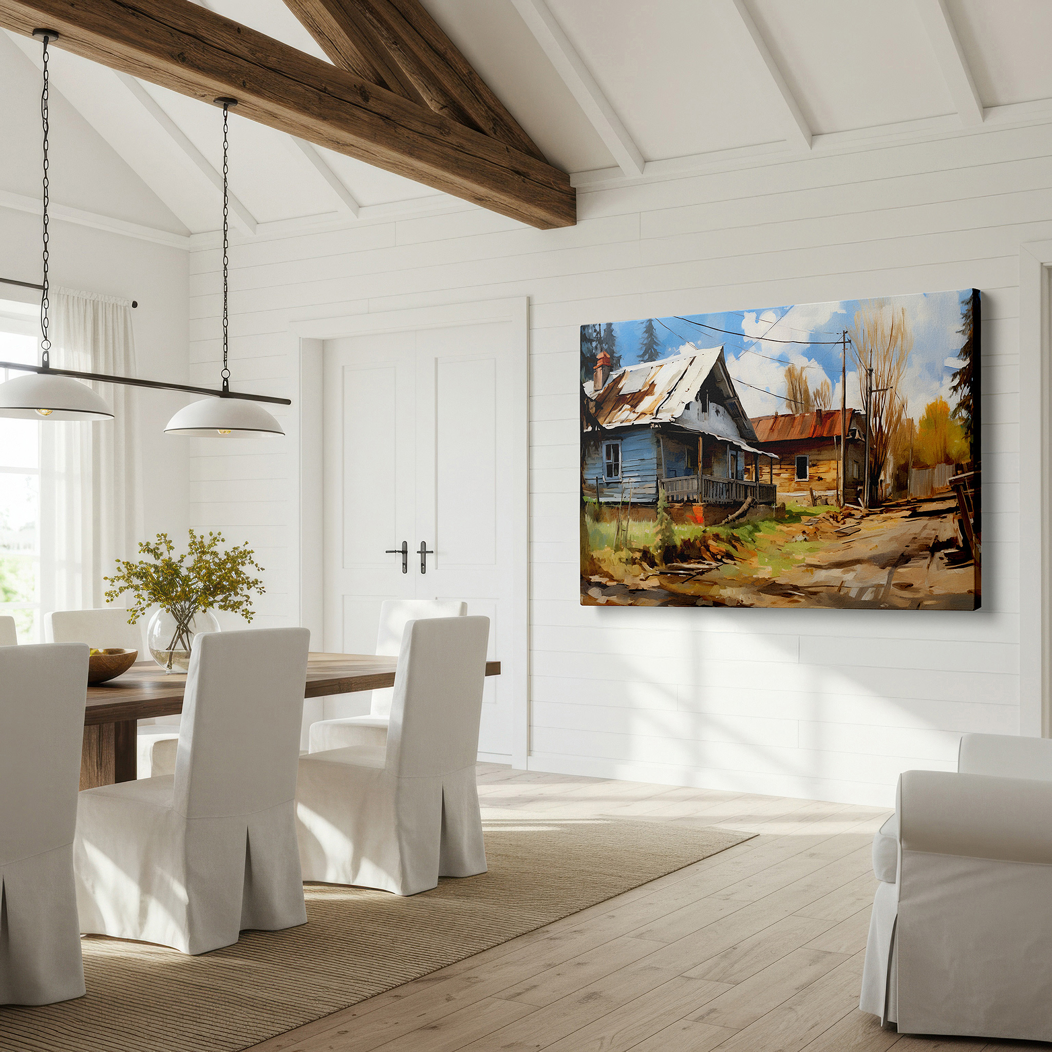 Aligned with a curated gallery wall of abstract artworks — rustic cabin wall art: serene countryside escape amidst lush greenery - perfect for office, living room, or bedroom decor