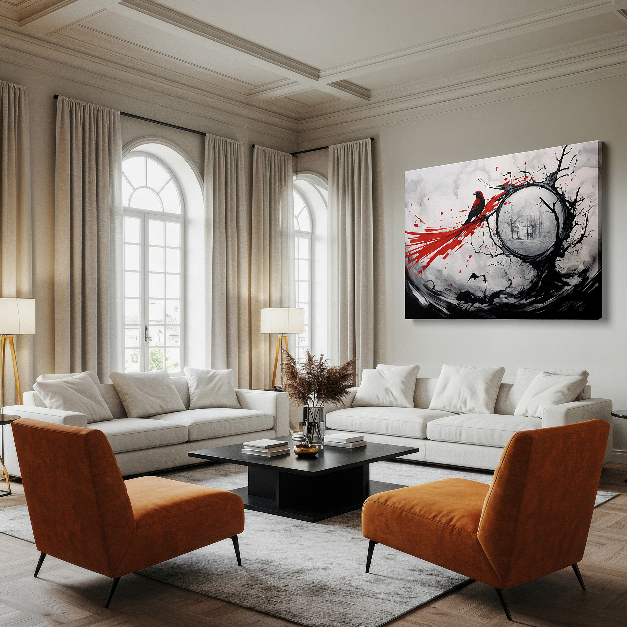 Aligned with a curated gallery wall of abstract artworks — the scarlet bird on a twisted black tree: a symbol of resilience and beauty amid surreal swirling clouds, large canvas wall art