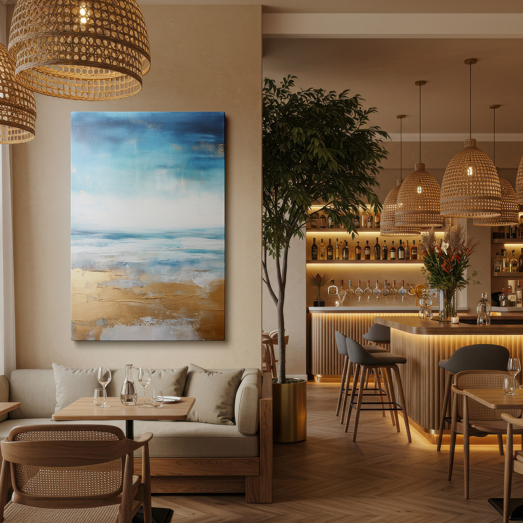 Aligned with a curated gallery wall of abstract artworks — serene beach landscape featuring golden sands and soft blue waves - large canvas wall art for office, bedroom, and living room decor