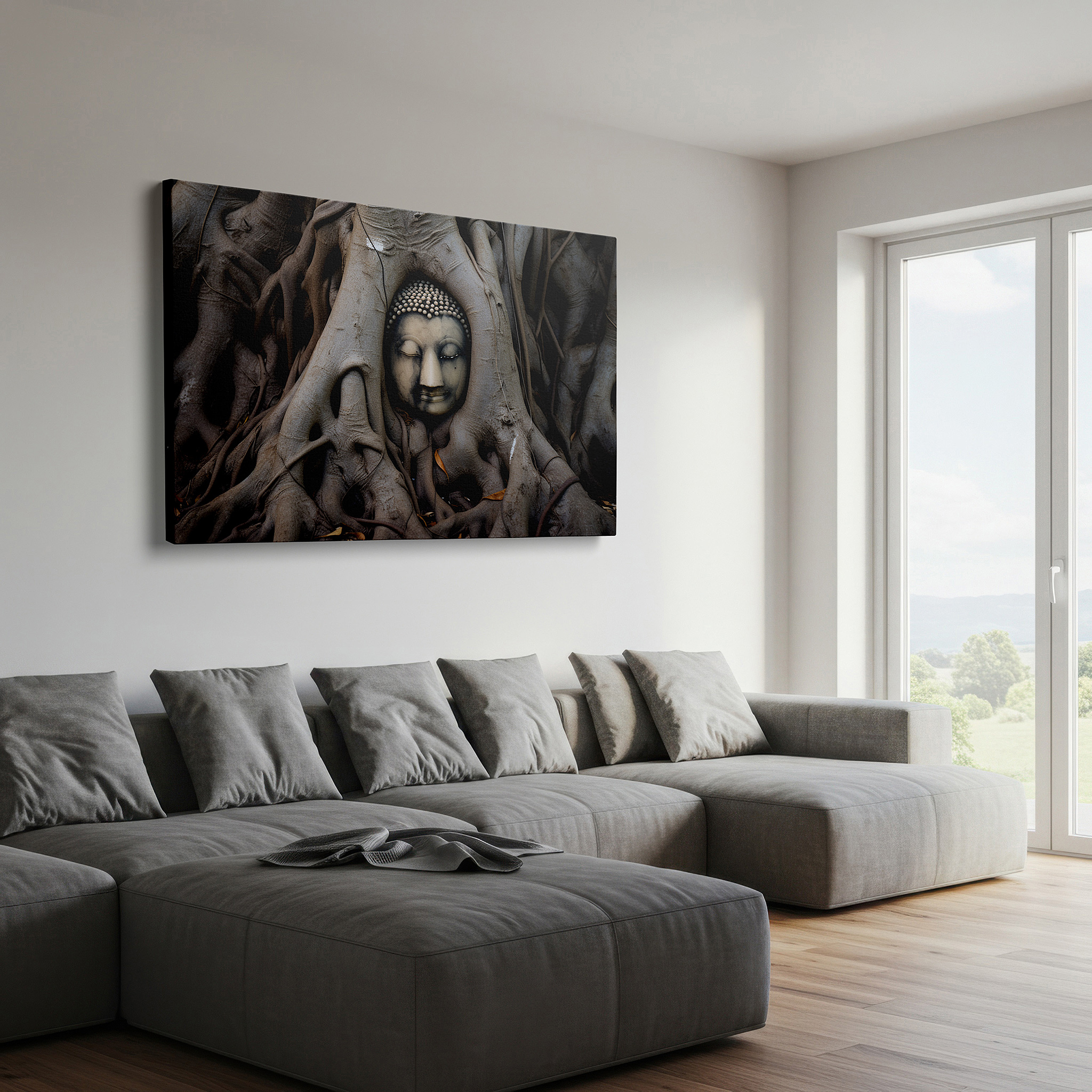Aligned with a curated gallery wall of abstract artworks — serene buddha amidst ancient roots wall art: a symbol of peace and nature's embrace - ideal for office and bedroom decor, large canvas wall art