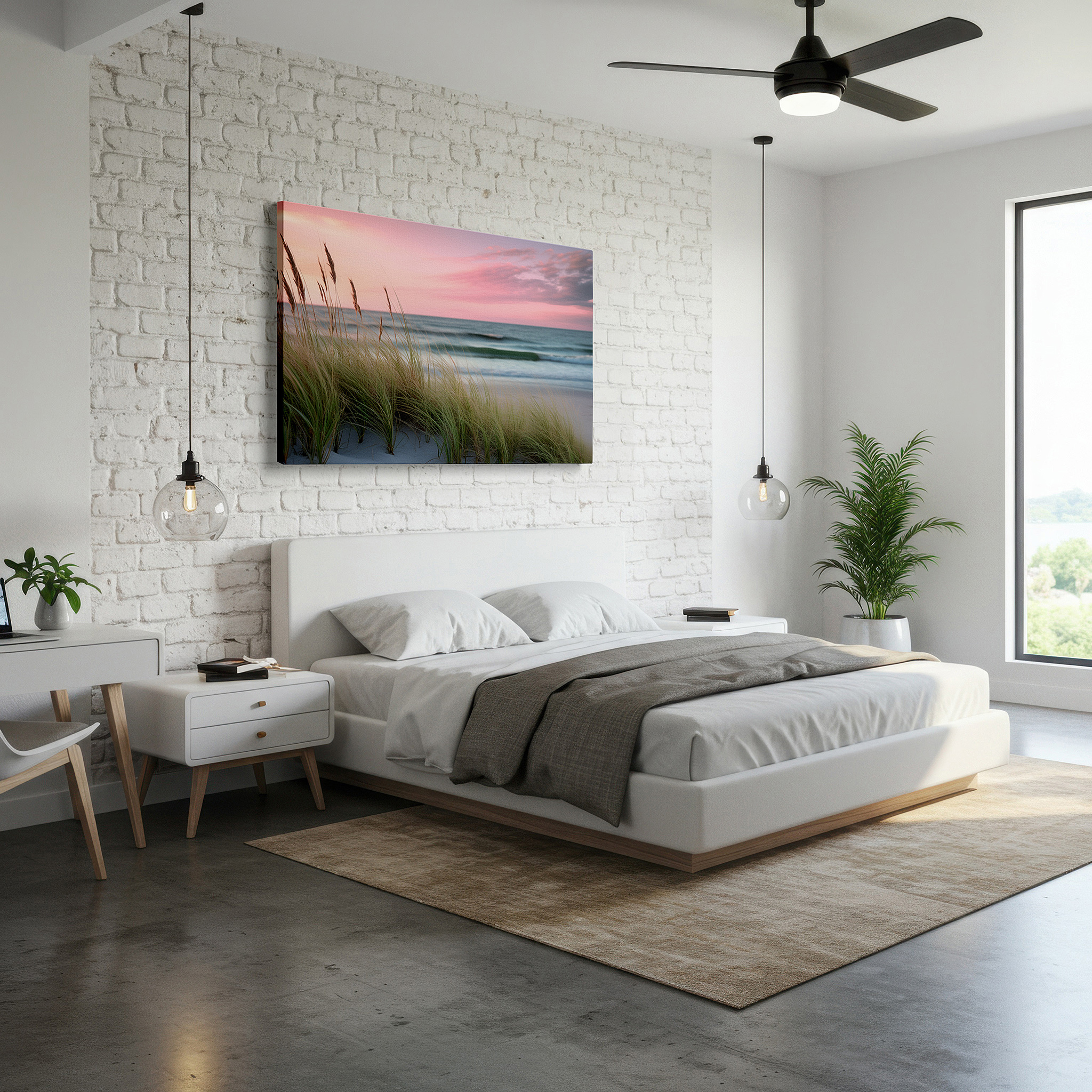 Aligned with a curated gallery wall of abstract artworks — serene coastal evening wall art featuring sunset hues and swaying grasses, perfect for office, bedroom, or living room decor