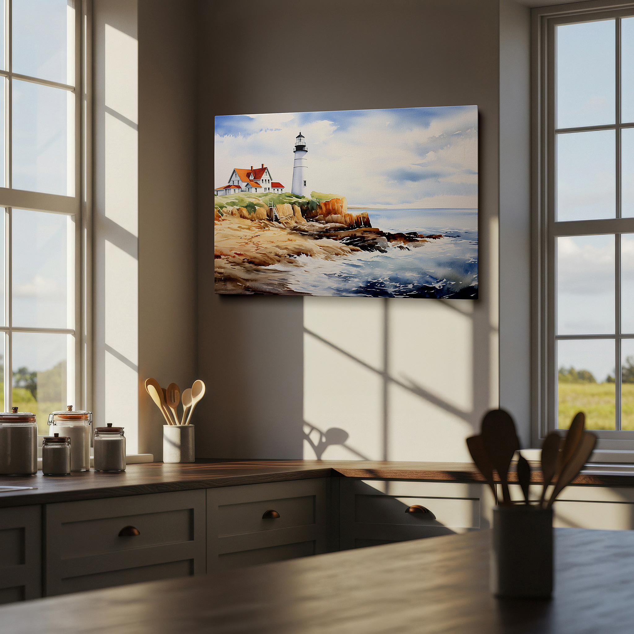 Aligned with a curated gallery wall of abstract artworks — serene coastal lighthouse scene wall art: large canvas featuring soft pastels and an ethereal sky, perfect for office or bedroom decor.