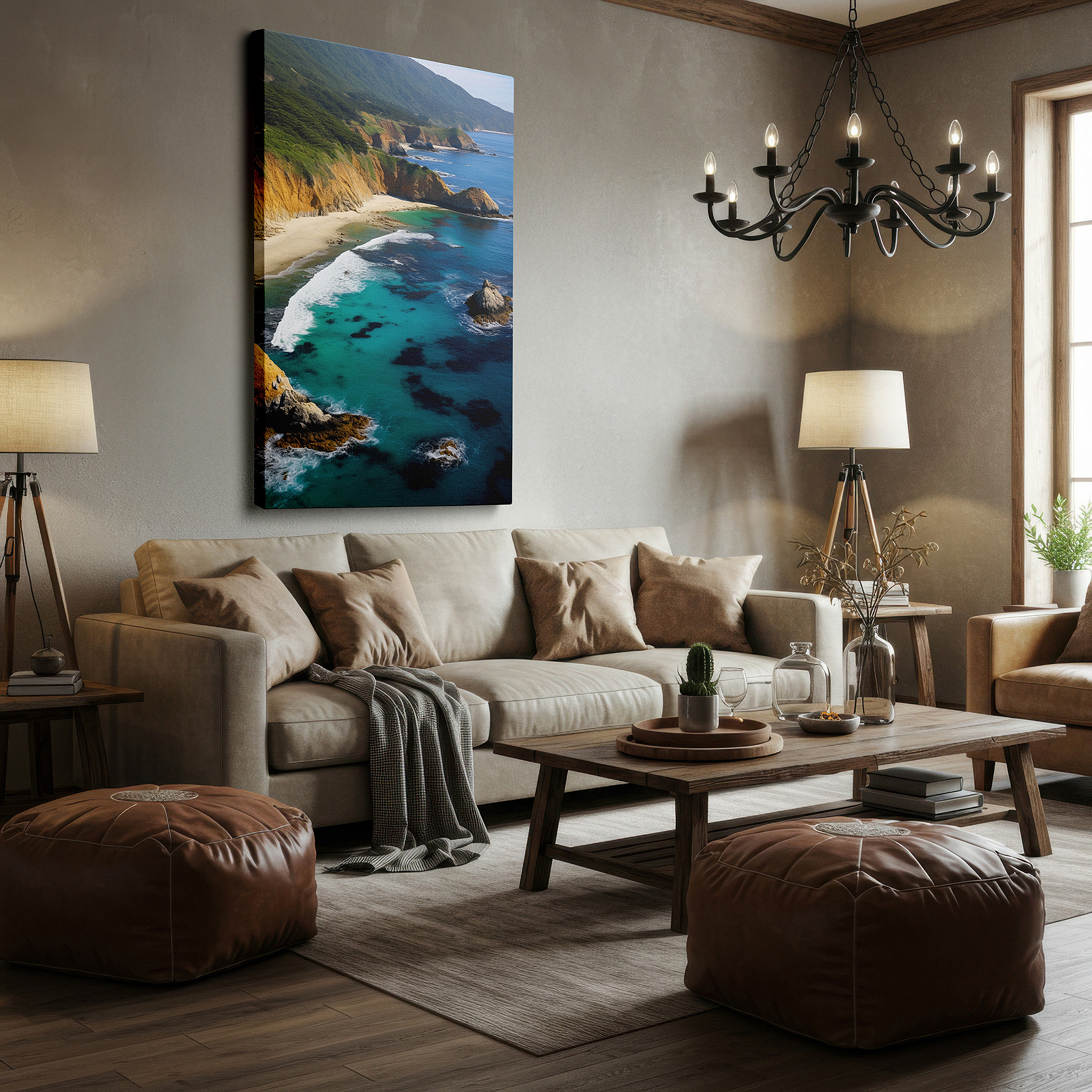 Aligned with a curated gallery wall of abstract artworks — serene coastal retreat: rugged cliffs and turquoise waters - large wall art, canvas wall art, wall decor for office, bedroom, and living room