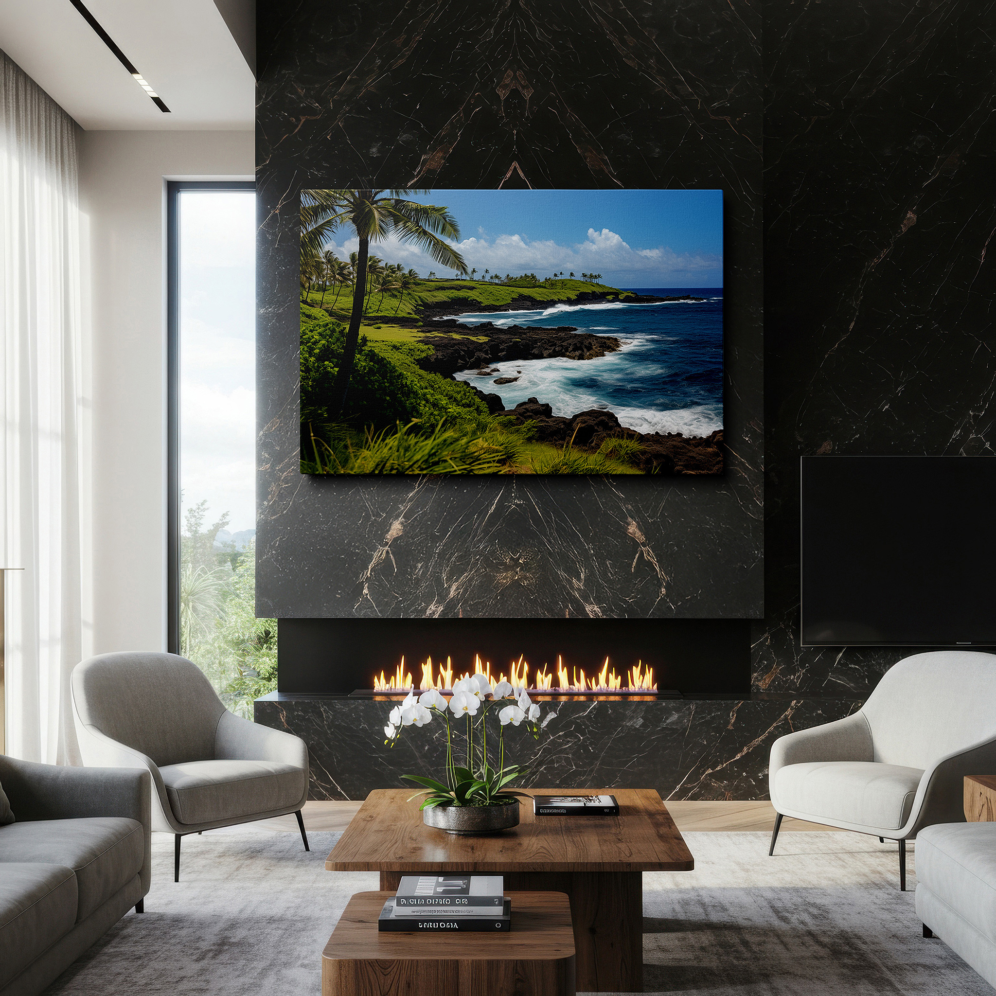 Aligned with a curated gallery wall of abstract artworks — serene coastal scene with lush green hills and vibrant turquoise ocean waves, large canvas wall art for home and office decor