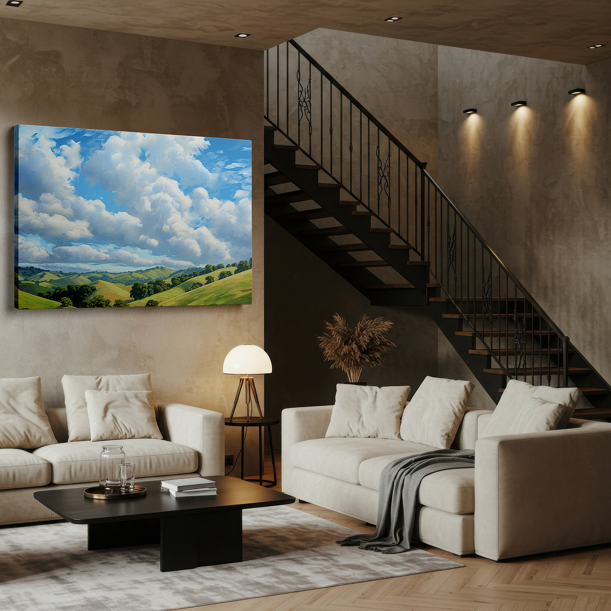 Aligned with a curated gallery wall of abstract artworks — serene countryside landscape: a tranquil escape into nature's beauty - large canvas wall art for office and bedroom decor