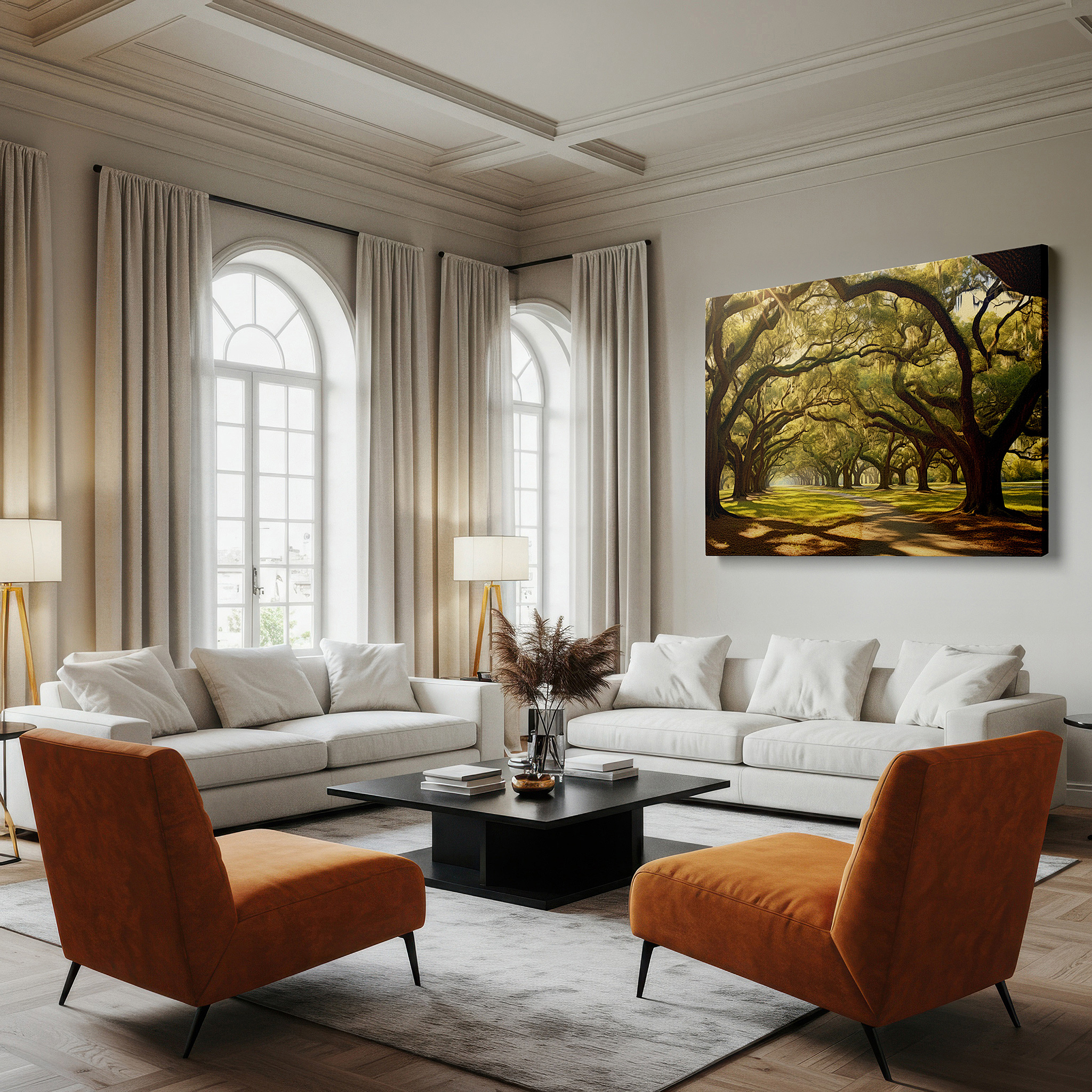 Aligned with a curated gallery wall of abstract artworks — serene forest path under majestic oak canopy: a tranquil realm of light and shadow - large canvas wall art for home and office decor