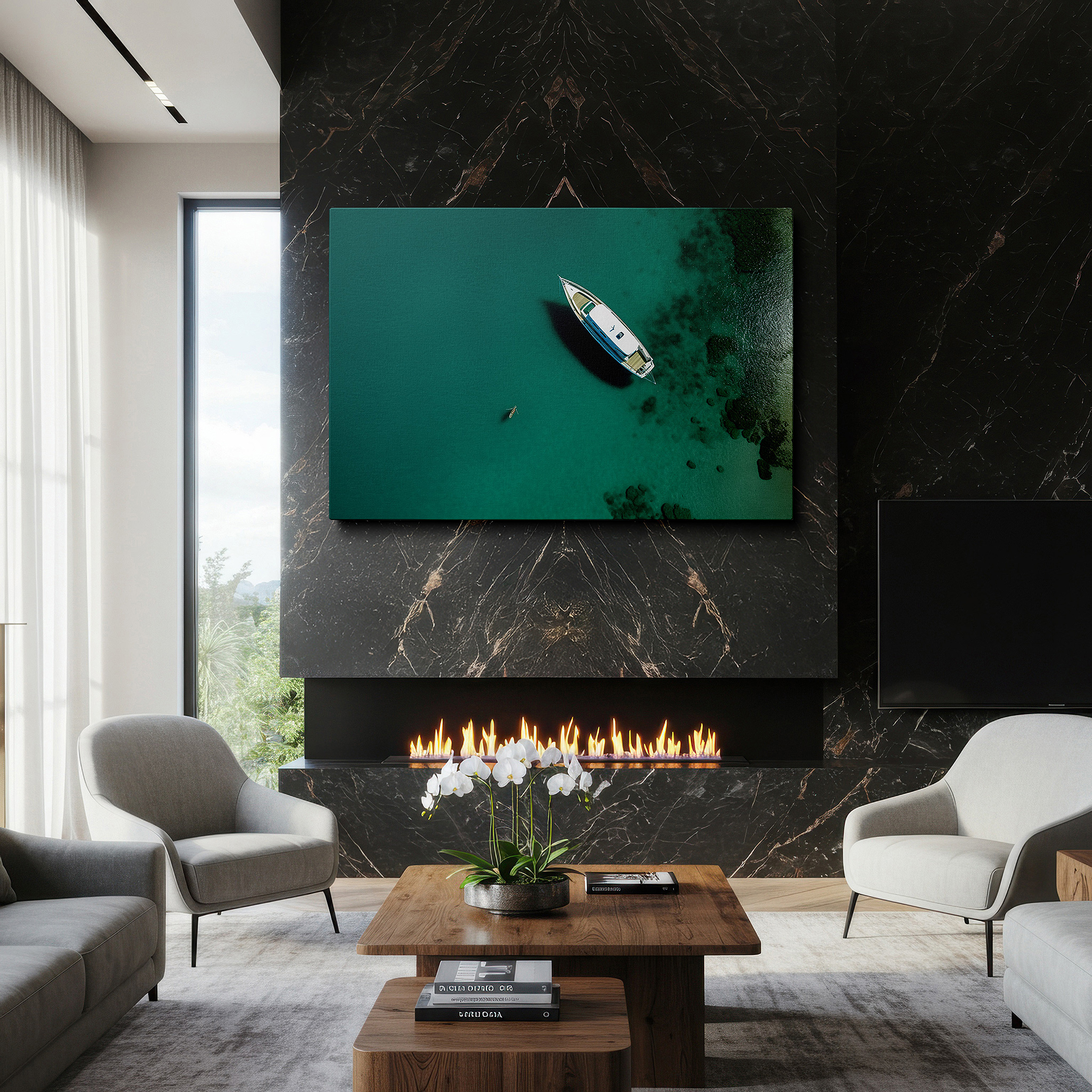 Aligned with a curated gallery wall of abstract artworks — serene solitude: aerial view of a lone boat in a tropical cove - large wall art, canvas wall art, wall decor for office and bedroom