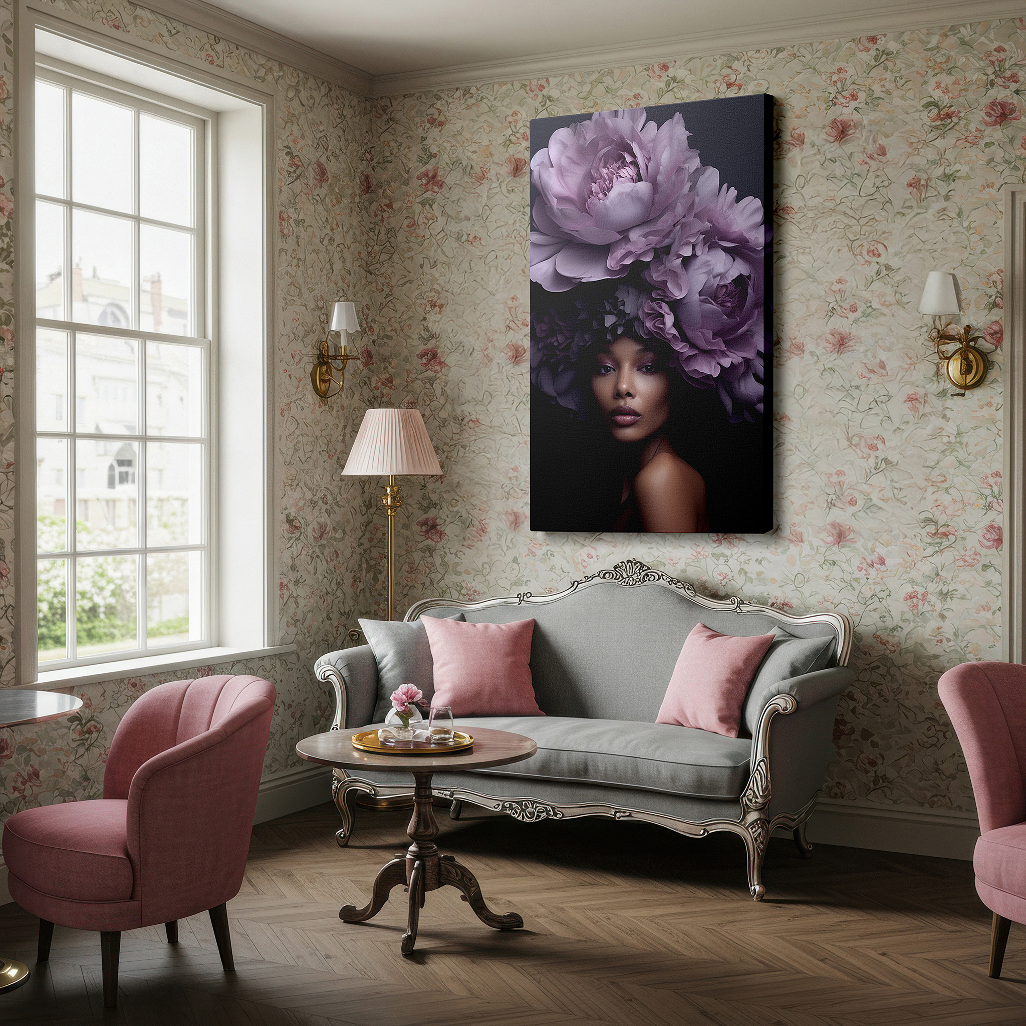 Aligned with a curated gallery wall of abstract artworks — serene and strong ethereal woman with peony floral headpiece - large wall art, canvas wall art, wall decor for office and bedroom