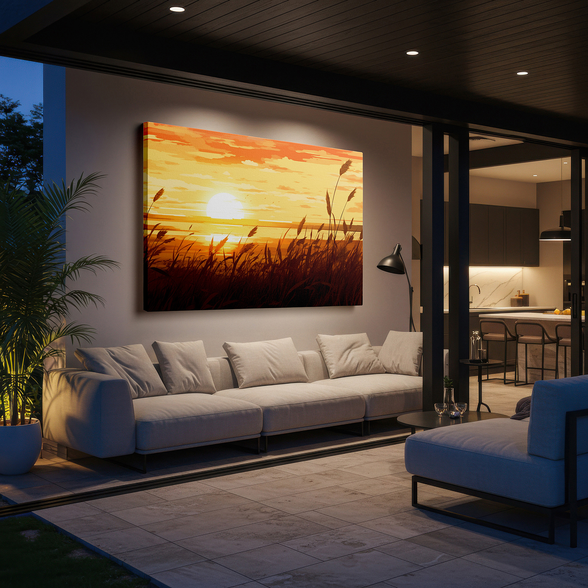Aligned with a curated gallery wall of abstract artworks — serene sunset amidst tall grasses and tranquil waters: a stunning exhibition of natural splendor - large wall art, canvas wall art, wall decor for offices