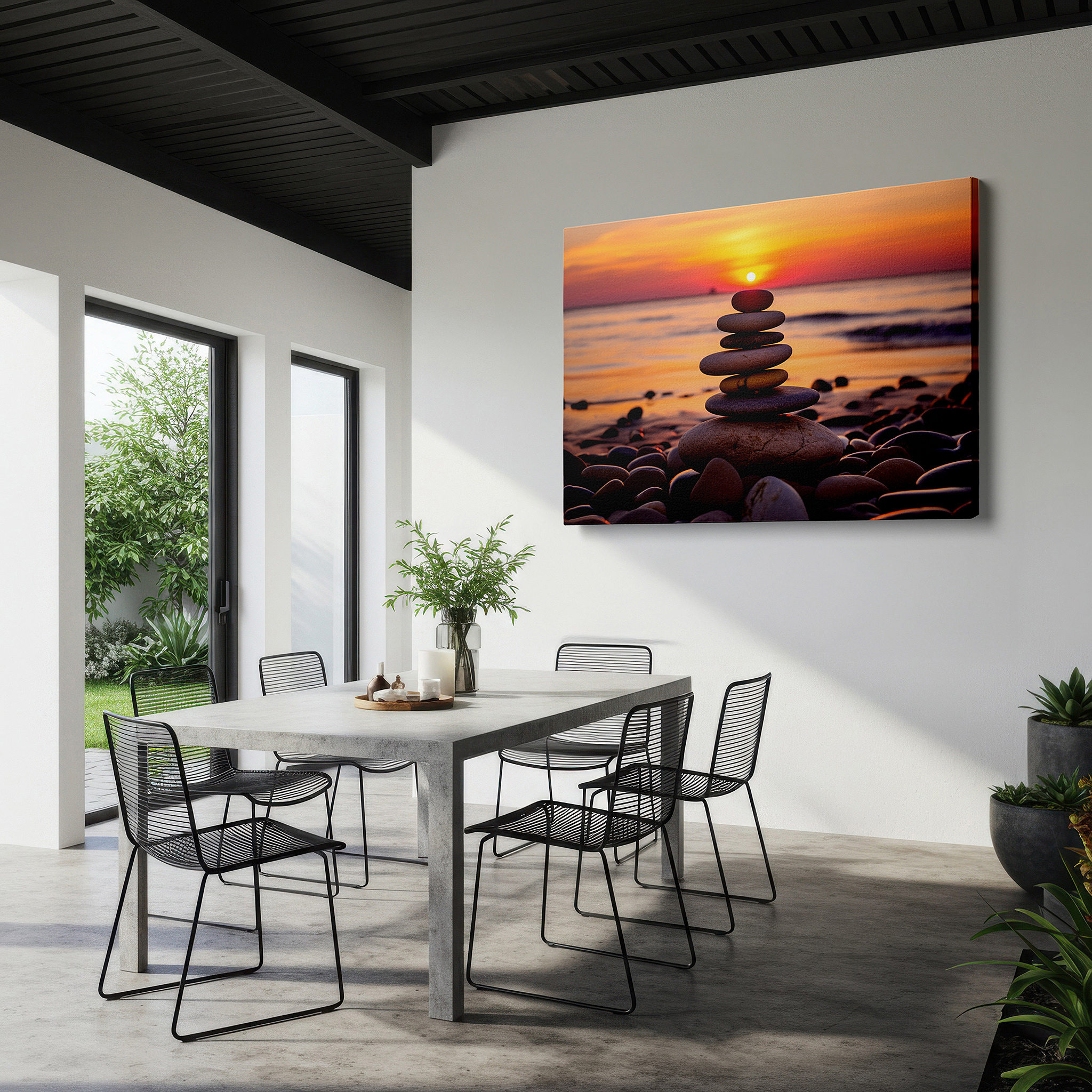 Aligned with a curated gallery wall of abstract artworks — serene sunset at pebble beach featuring balanced stones, symbolizing harmony and peace - large canvas wall art for home and office decor