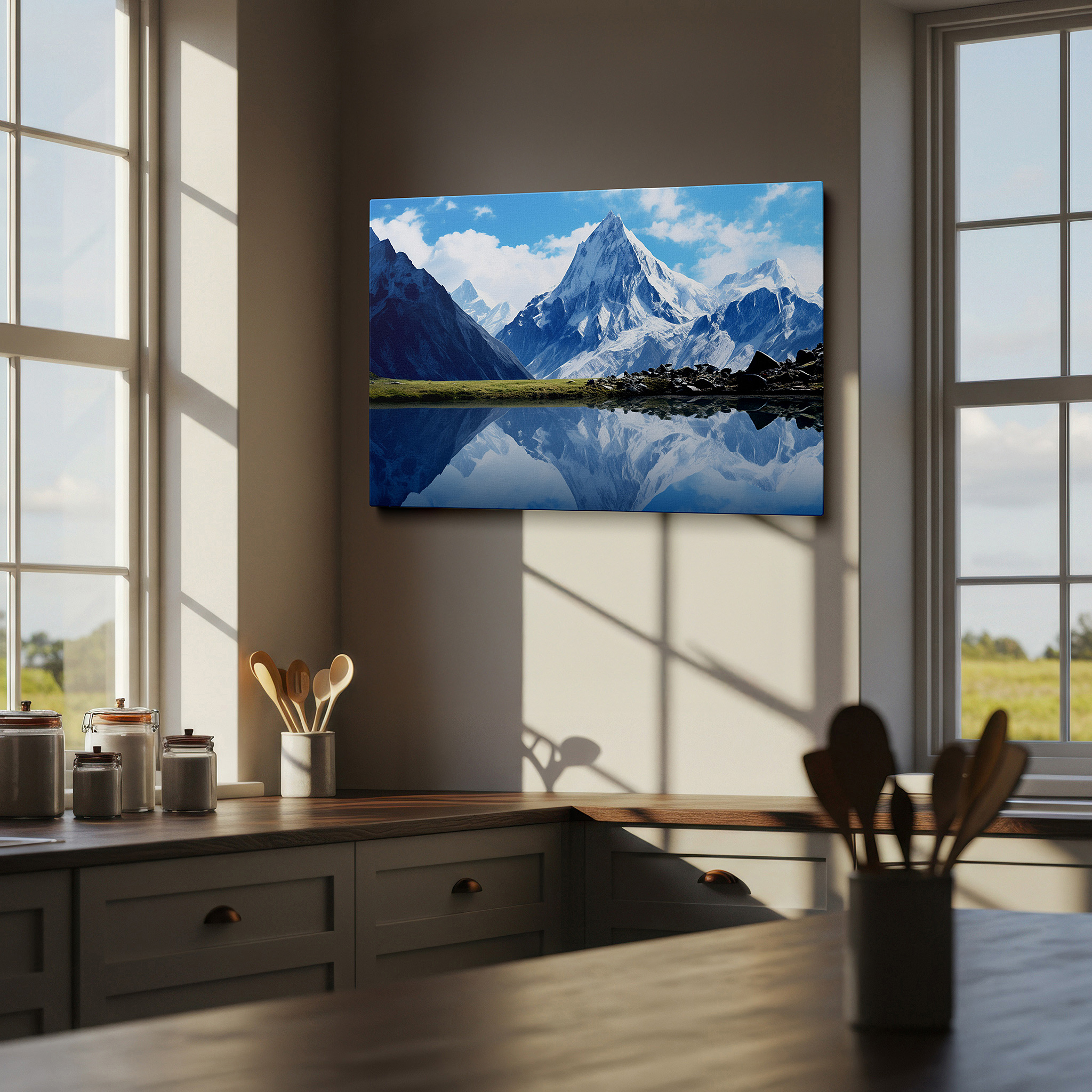 Aligned with a curated gallery wall of abstract artworks — snow-capped mountains and serene lake reflections - tranquil nature scene large wall art, canvas wall art, wall decor for office and bedroom