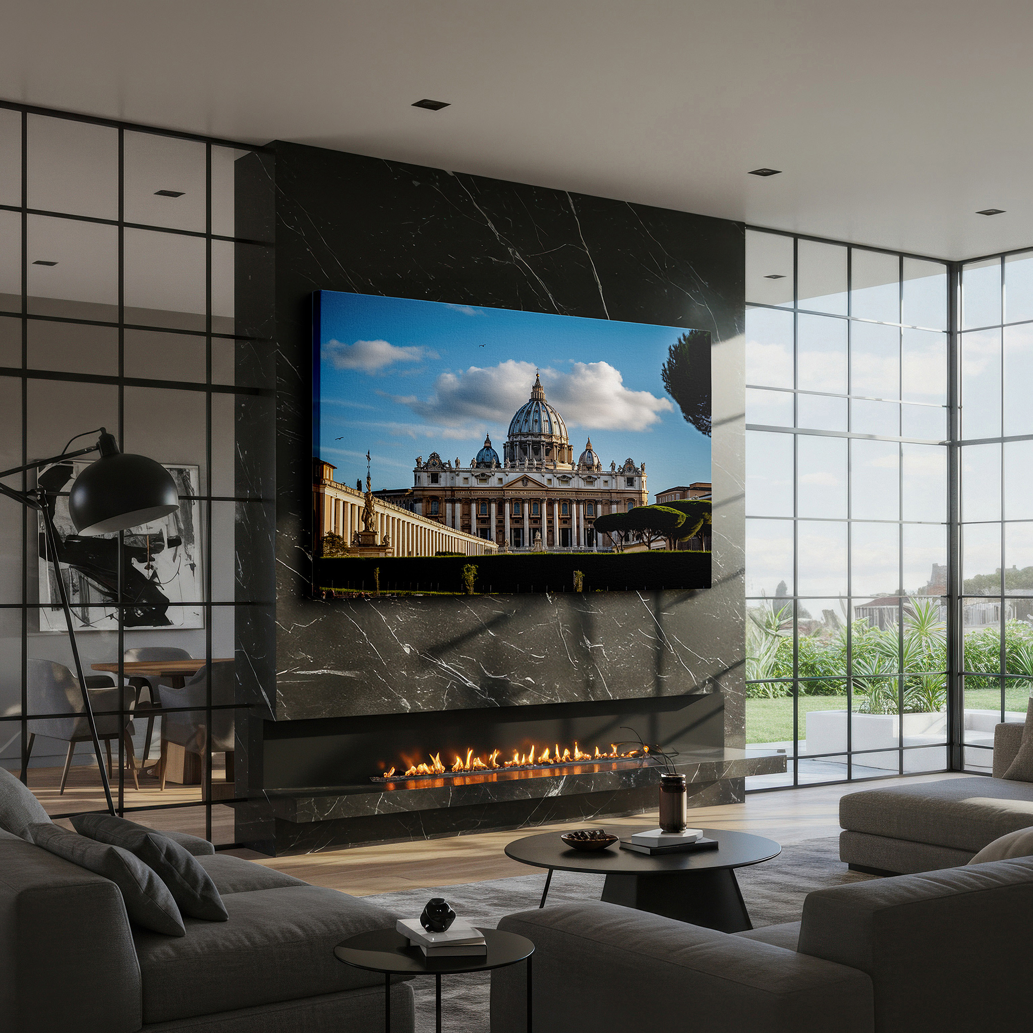 Aligned with a curated gallery wall of abstract artworks — st. peter's basilica wall art for bedroom: renaissance masterpiece with dynamic sky and lively piazza - large canvas wall art
