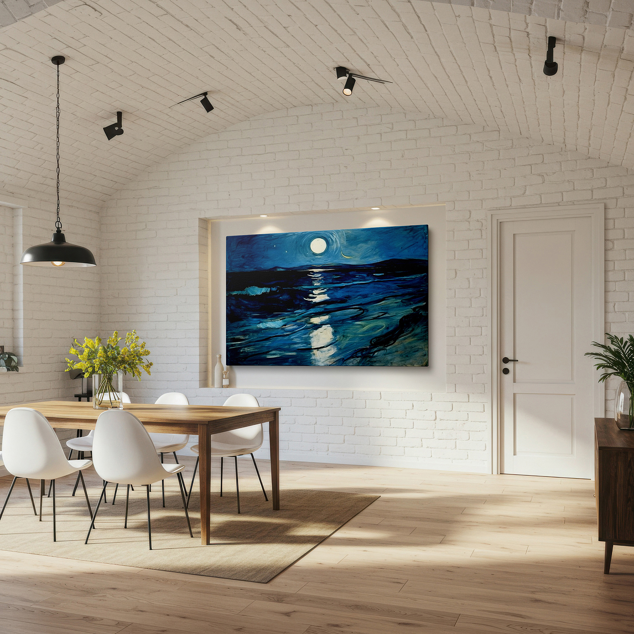Aligned with a curated gallery wall of abstract artworks — starry night over the ocean large canvas wall art for office and bedroom decor