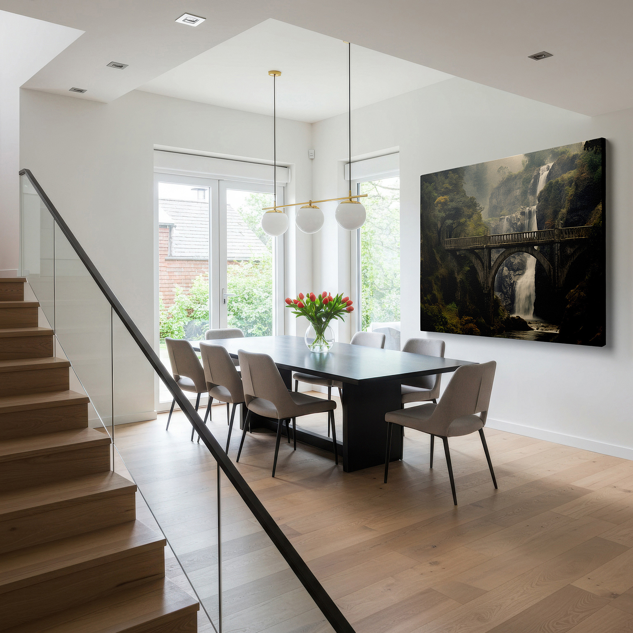 Aligned with a curated gallery wall of abstract artworks — stunning circular bridge and waterfall scene wall art: a fusion of architectural brilliance and natural beauty, large canvas wall decor
