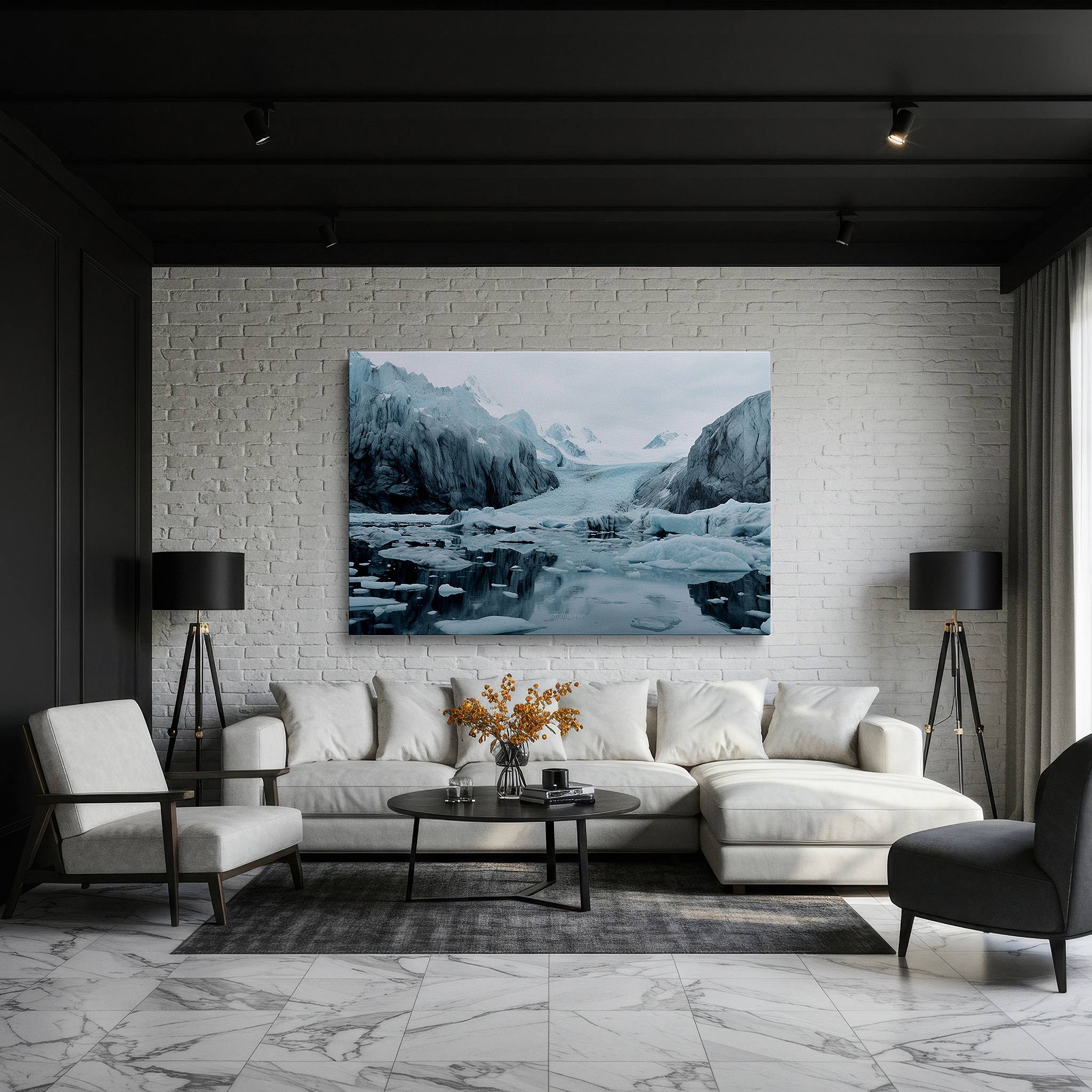 Aligned with a curated gallery wall of abstract artworks — stunning glacial scenery featuring imposing icebergs under cloudy skies - large canvas wall art for office and bedroom decor