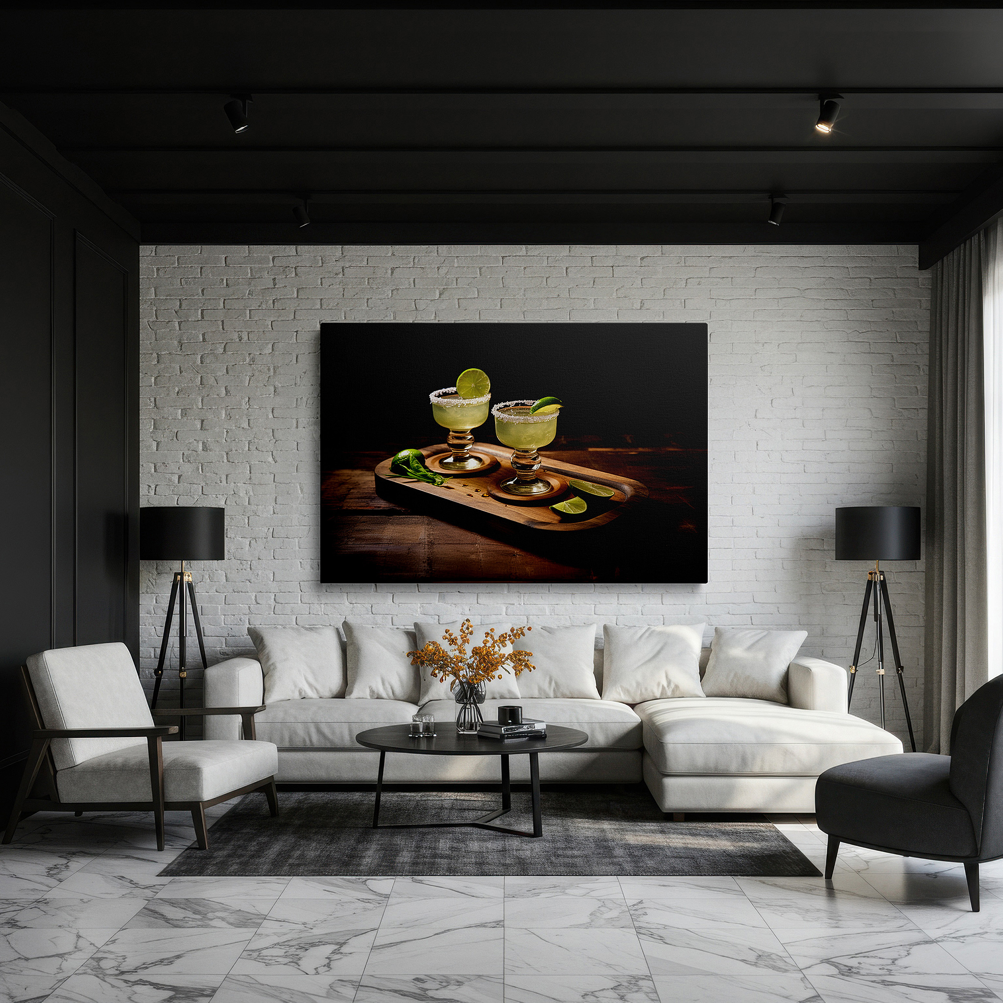 Aligned with a curated gallery wall of abstract artworks — summer celebration cocktails on a rustic tray - vibrant social joy large wall art, canvas wall art, wall decor for office and bedroom