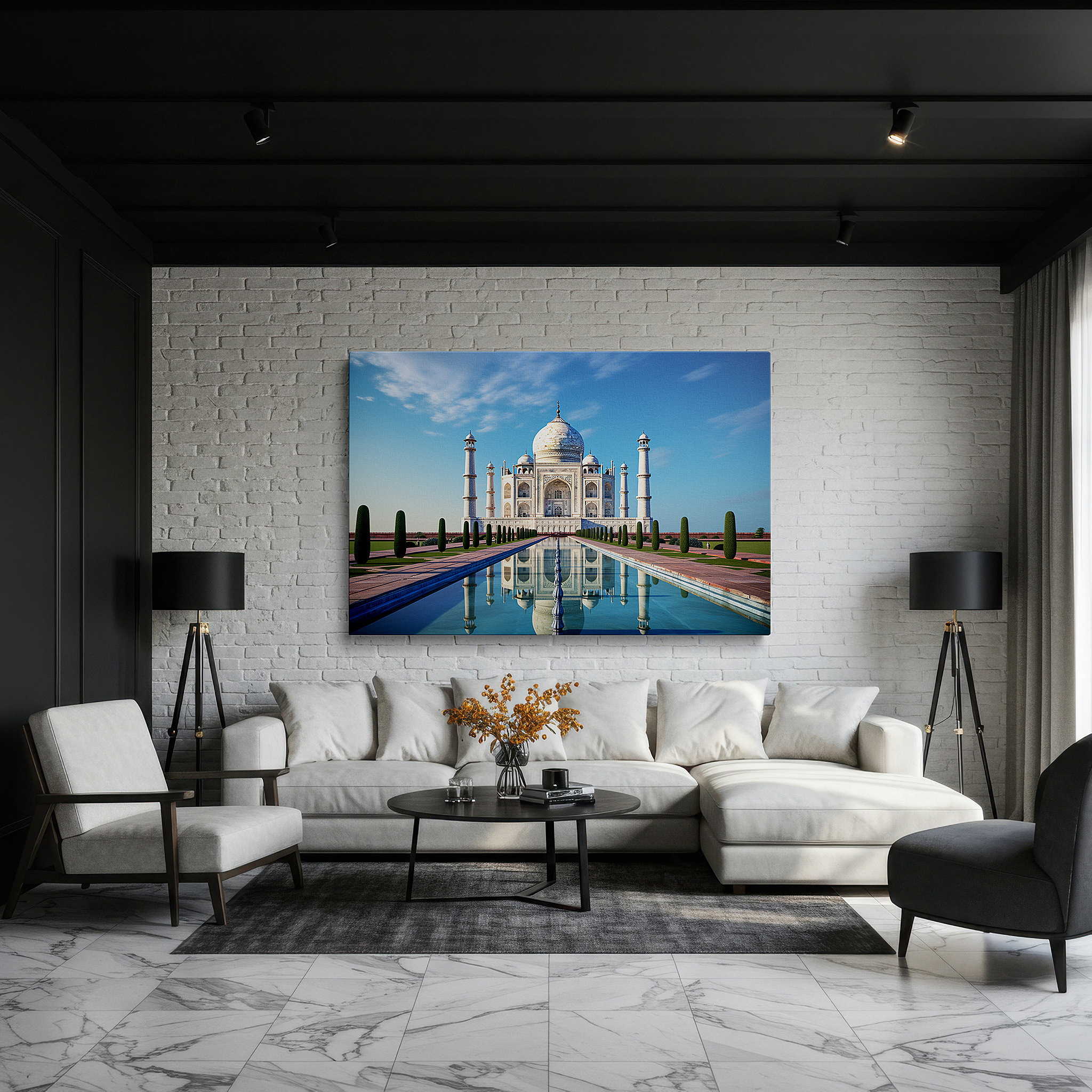 Aligned with a curated gallery wall of abstract artworks — sunlit taj mahal: a majestic display of architectural splendor and natural harmony - large canvas wall art decor