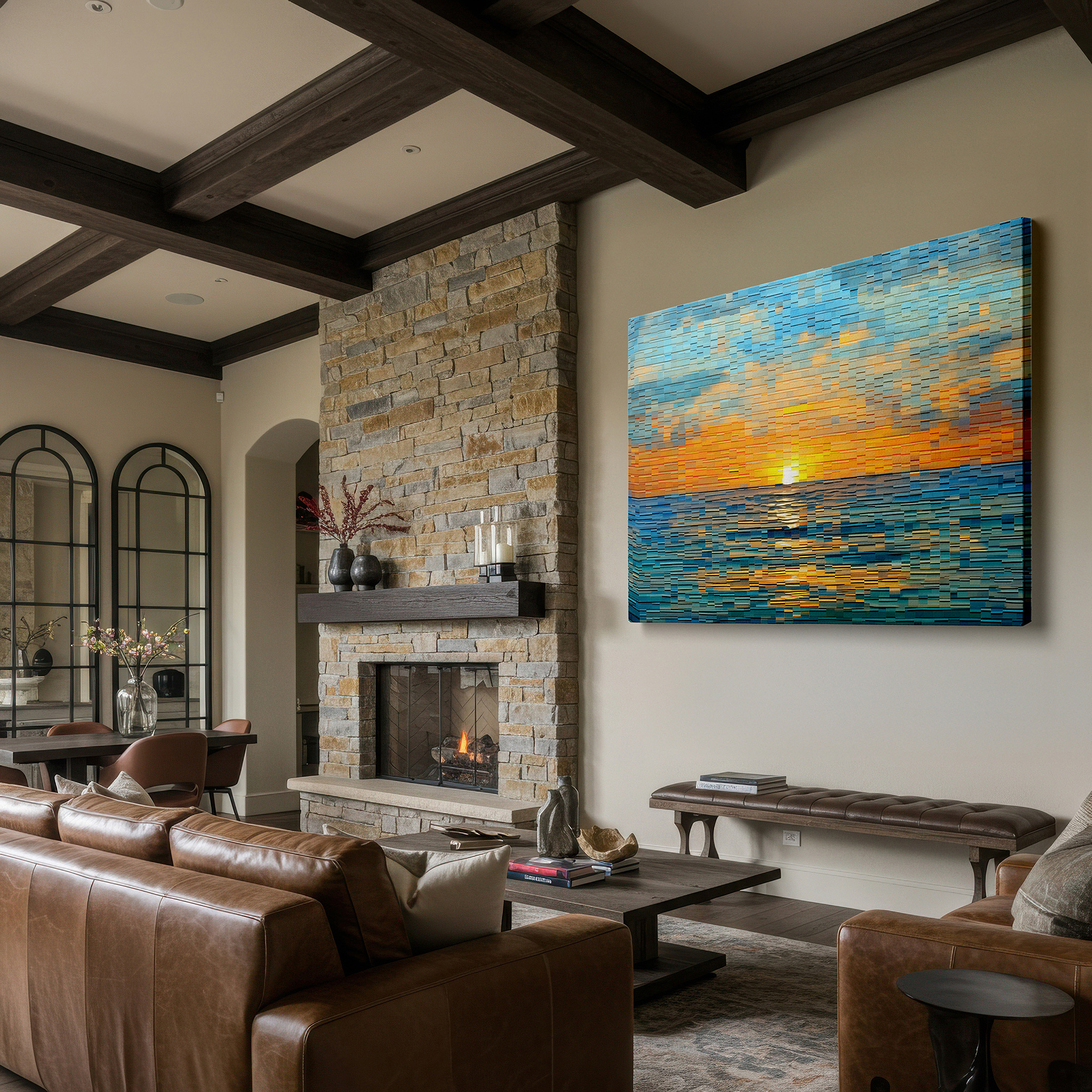 Aligned with a curated gallery wall of abstract artworks — sunset symphony over the ocean - fiery waves and tranquil hues dance large wall art, canvas wall art, wall decor for office and bedroom