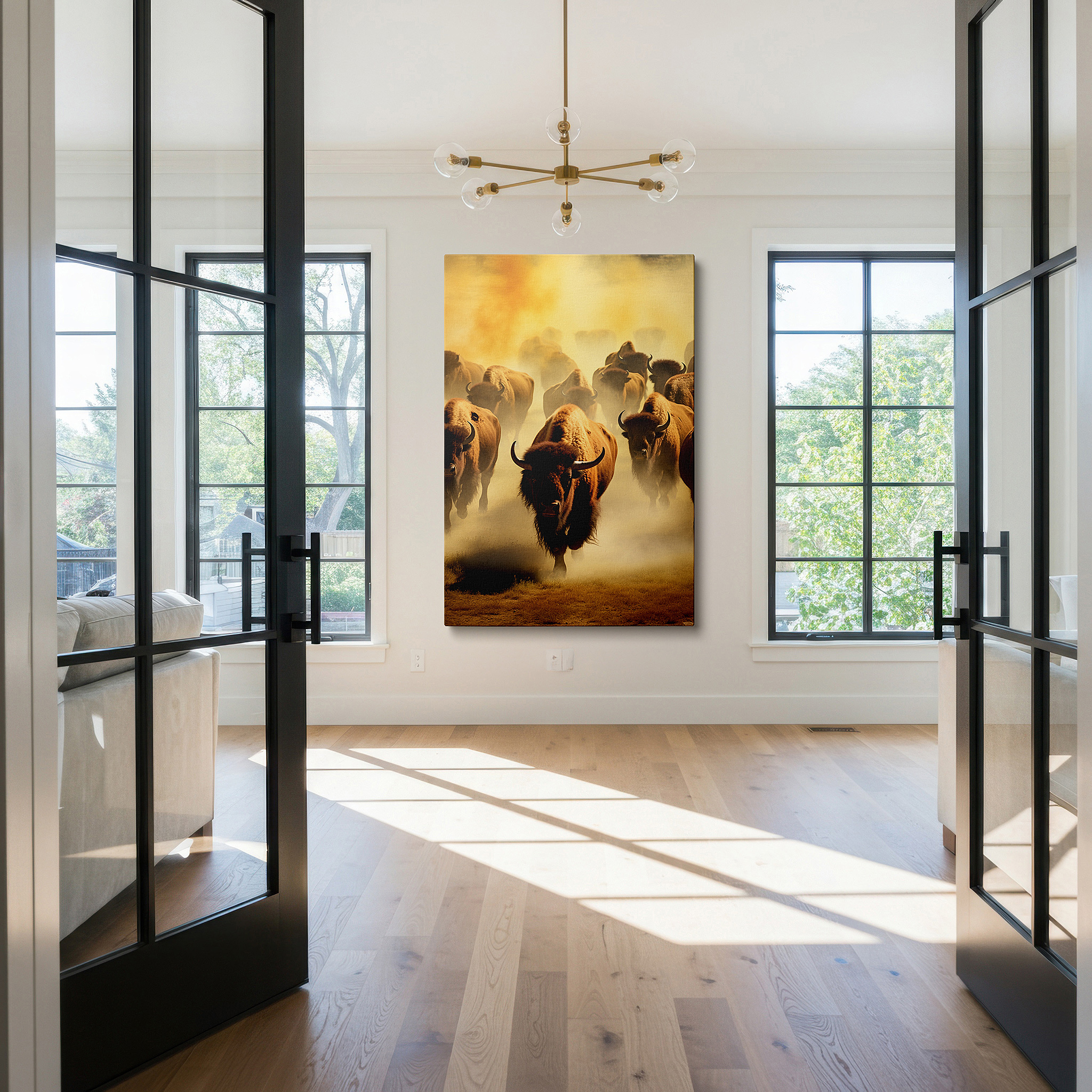 Aligned with a curated gallery wall of abstract artworks — thundering herd across the plains - dynamic buffalo movement large wall art, canvas wall art, wall decor for office and bedroom