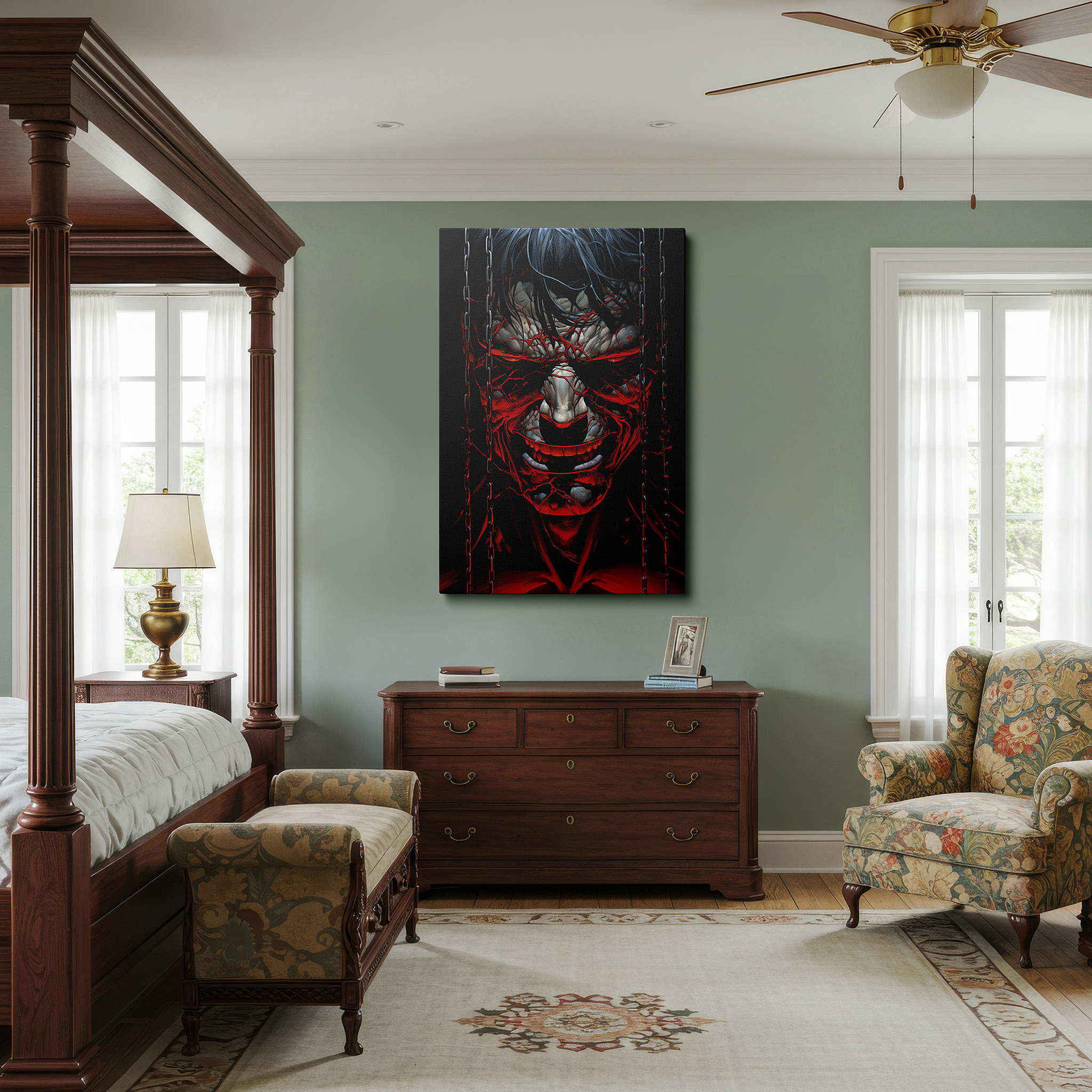 Aligned with a curated gallery wall of abstract artworks — tormented soul bound by chains of despair in a stark landscape: large canvas wall art for office and bedroom decor