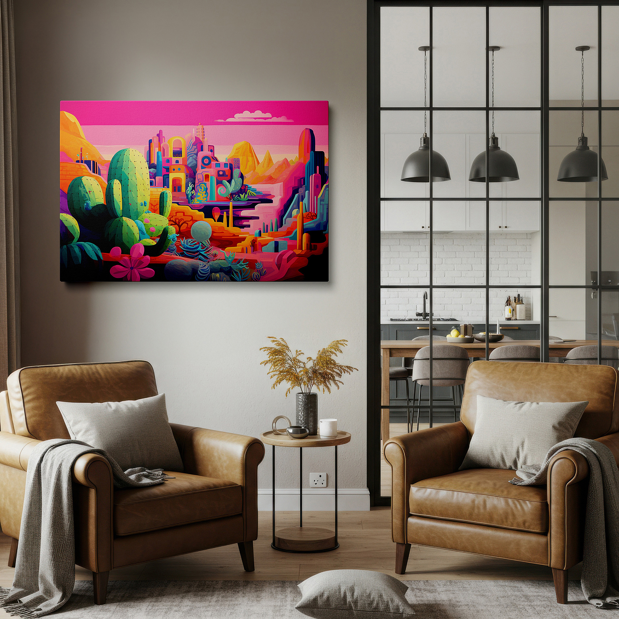 Aligned with a curated gallery wall of abstract artworks — towering cacti and fiery skies in the vast desert landscape: large canvas wall art for office and bedroom decor