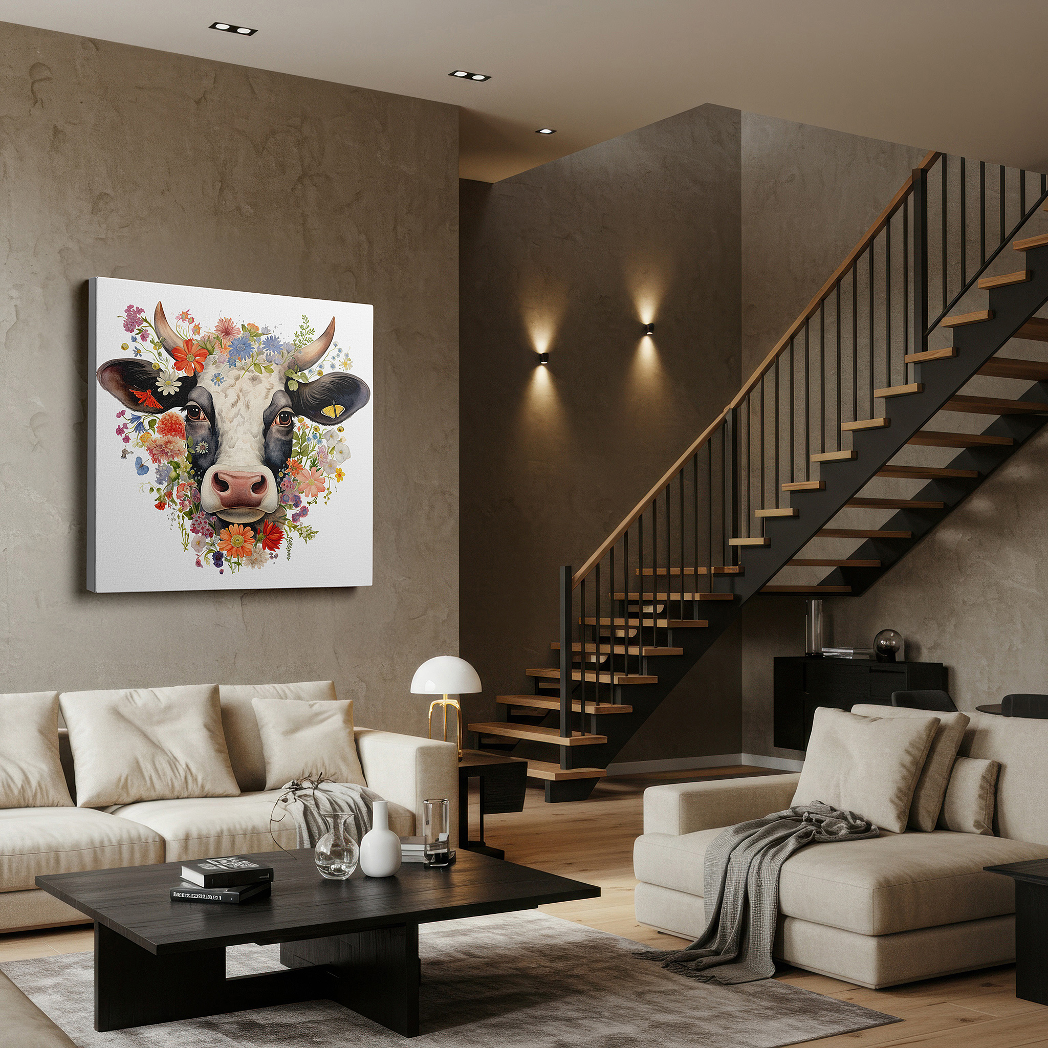 Aligned with a curated gallery wall of abstract artworks — tranquil cow in floral kaleidoscope: serene nature and farm life wall art, large canvas decor for office