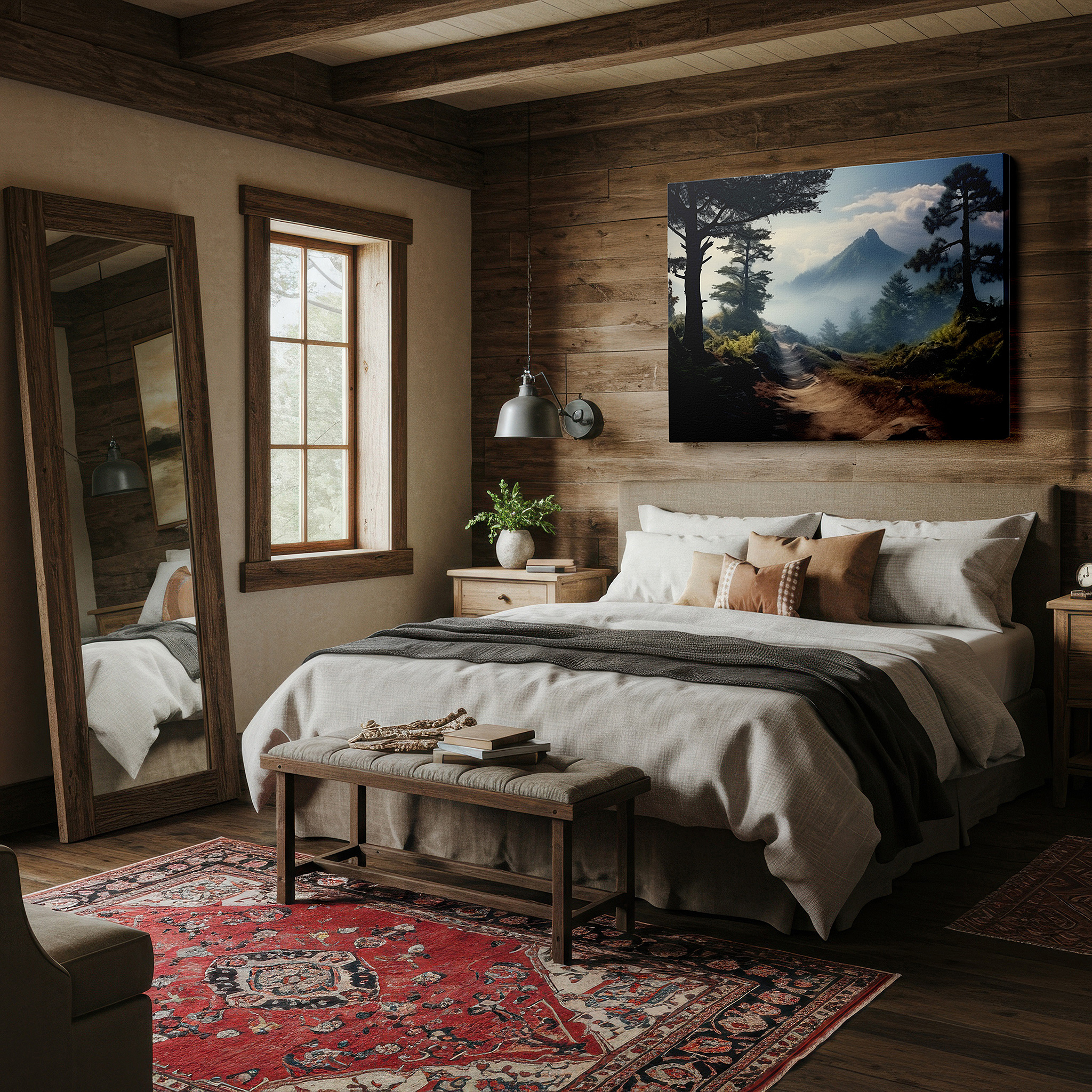 Aligned with a curated gallery wall of abstract artworks — tranquil mountain trail offers peace and exploration amidst natural beauty large wall art, canvas wall art, wall decor, office wall art