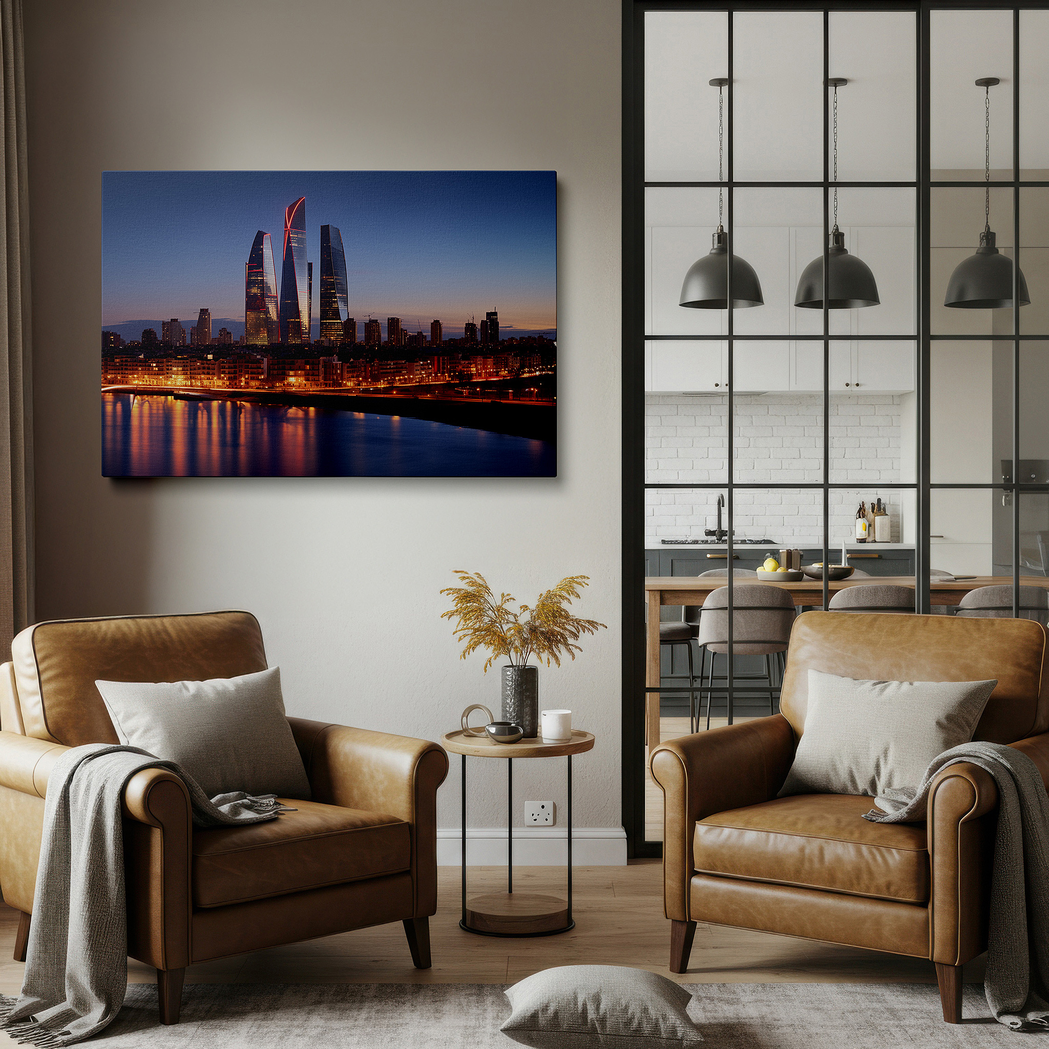 Aligned with a curated gallery wall of abstract artworks — twilight cityscape wall art featuring glowing skyscrapers and reflective waters - large canvas for home and office decor, perfect for living room and bedroom