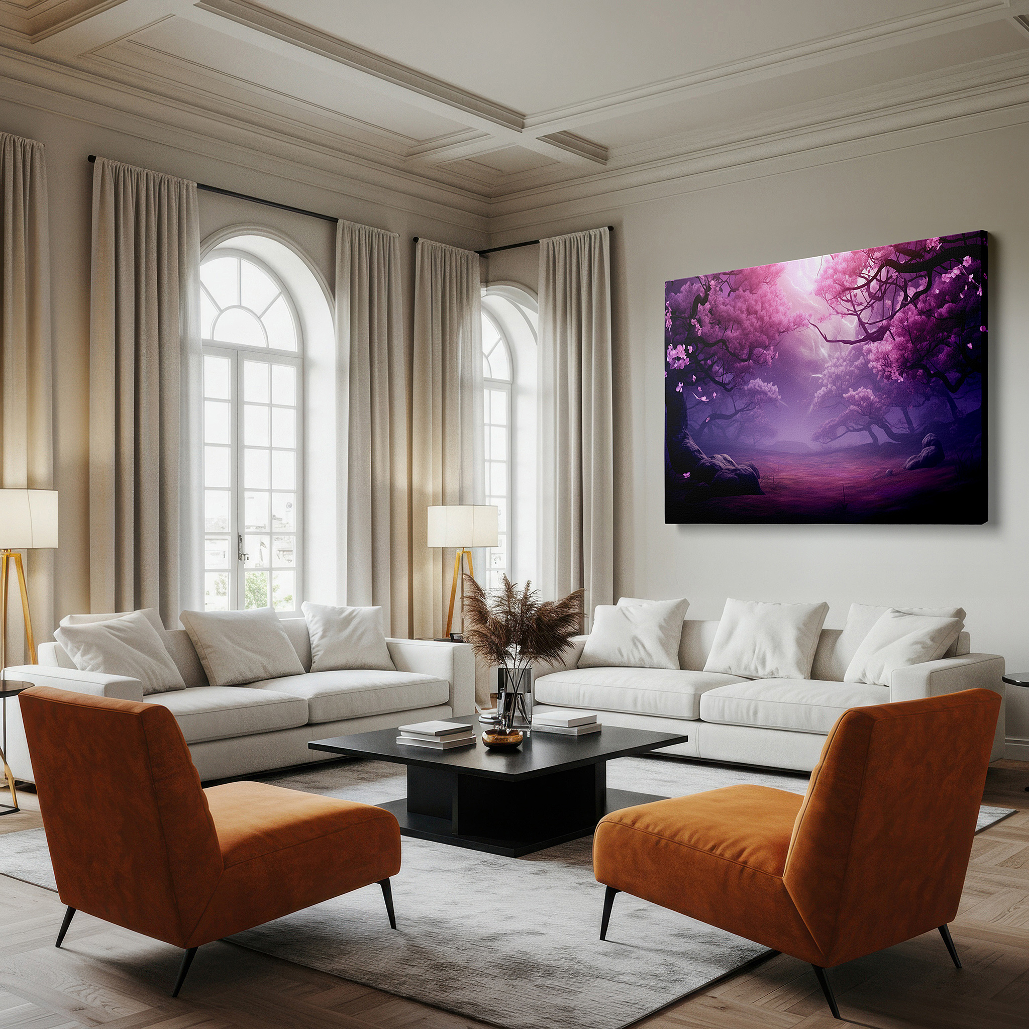 Aligned with a curated gallery wall of abstract artworks — twilight enchanted cherry blossom forest, ethereal luminous large wall art, canvas wall decor for office and bedroom