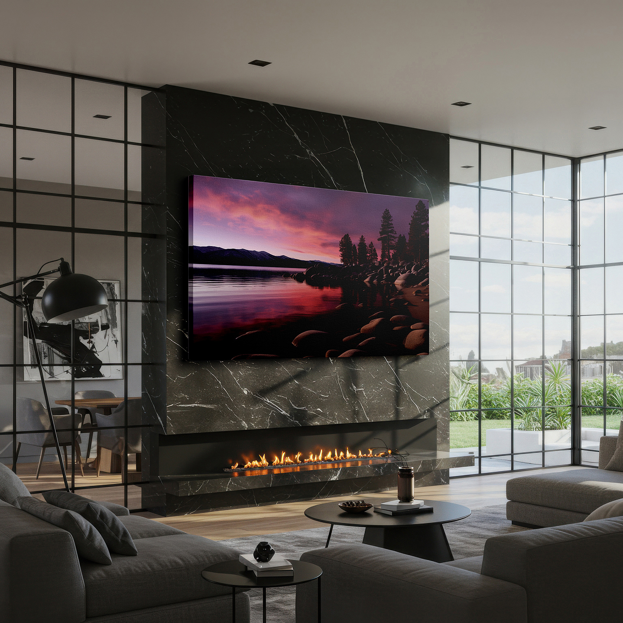 Aligned with a curated gallery wall of abstract artworks — twilight whispers by the lake - serene transition into night's embrace - large canvas wall art for office and bedroom decor