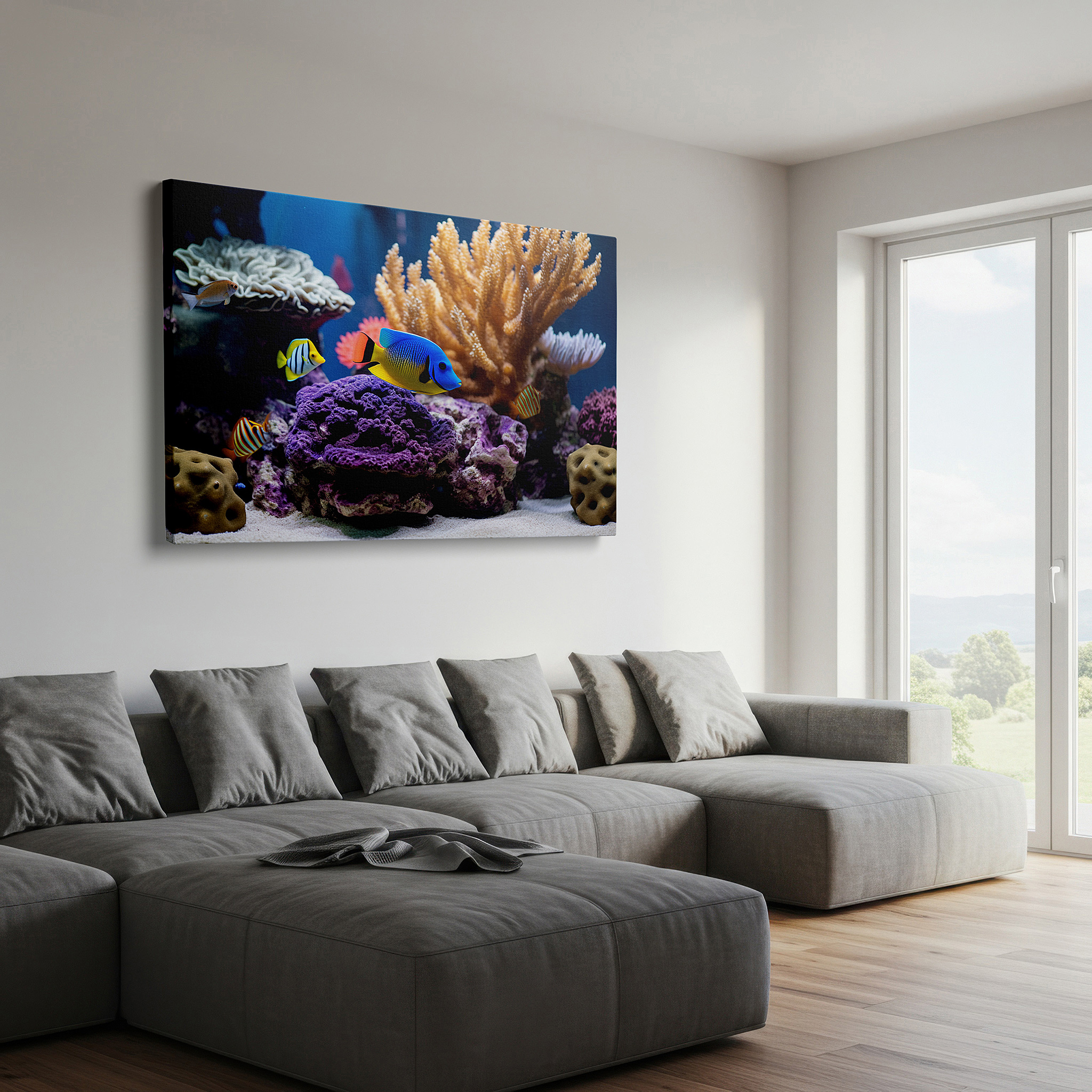 Aligned with a curated gallery wall of abstract artworks — underwater paradise wall art: lush corals and vibrant marine life - large canvas for home and office decor, perfect for living room and bedroom