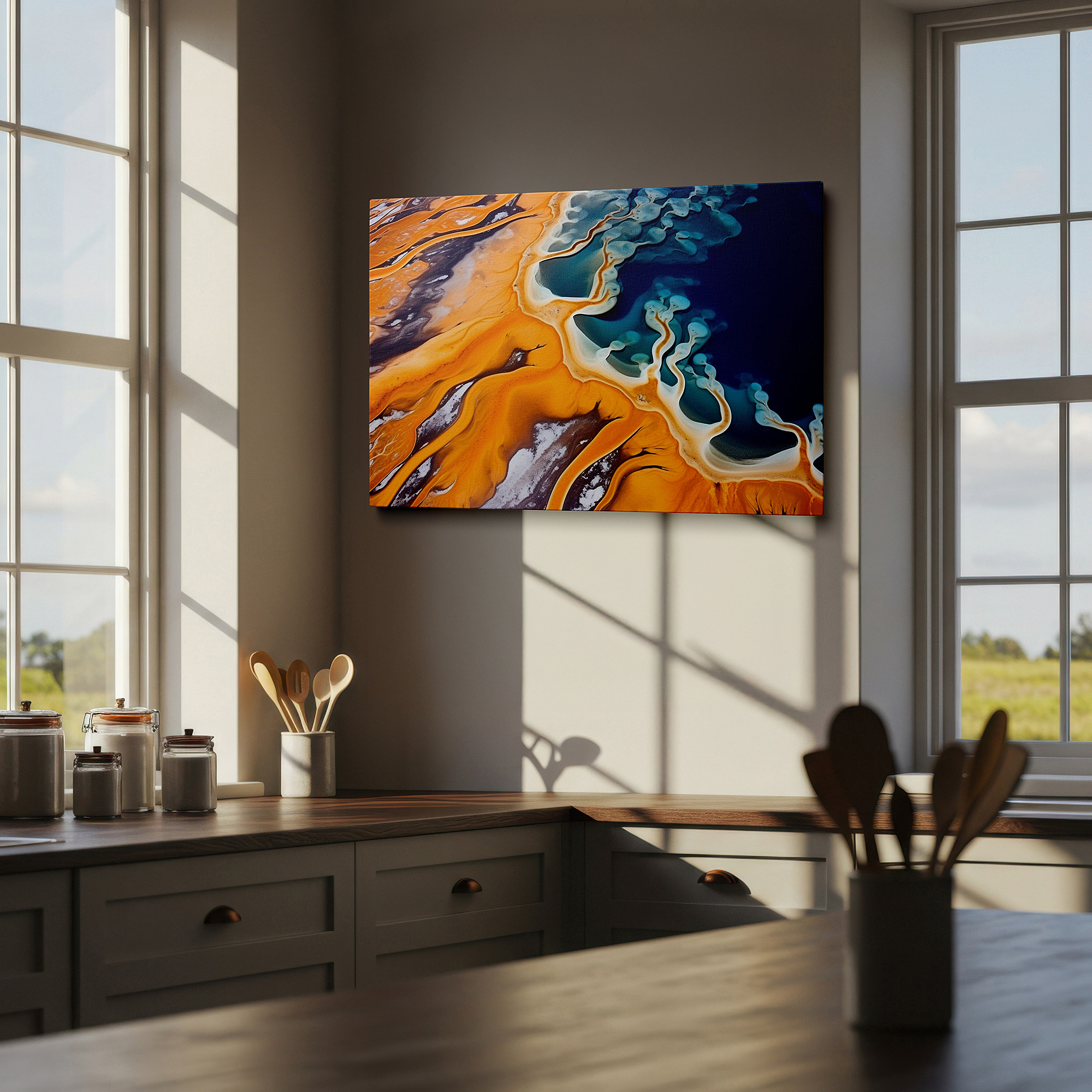 Aligned with a curated gallery wall of abstract artworks — vibrant aerial symphony of hot springs canvas wall art, celebrating nature's craftsmanship, ideal for office and home decor