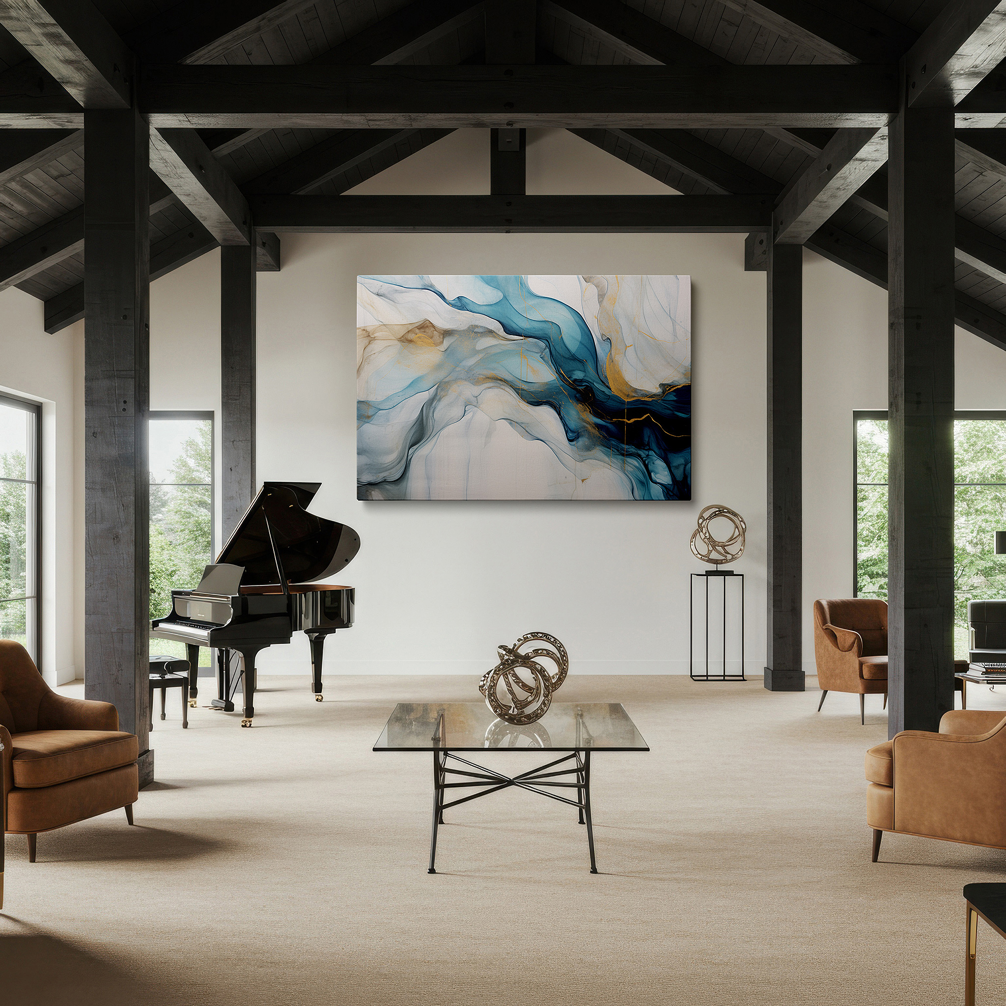Aligned with a curated gallery wall of abstract artworks — vibrant blues and glowing golds in abstract harmony: oversized canvas wall art for office, bedroom, and living room decor