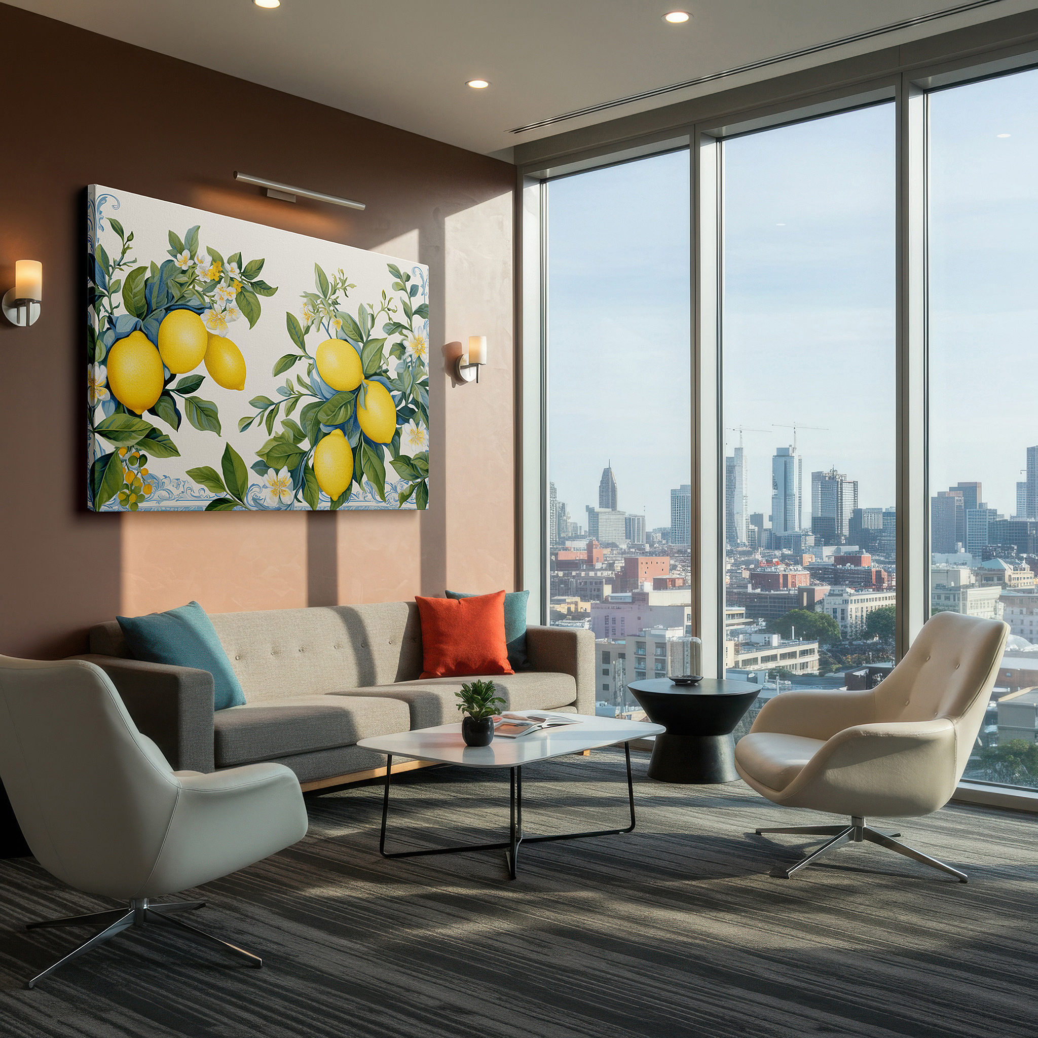 Aligned with a curated gallery wall of abstract artworks — vibrant lemons and delicate florals: celebrating nature's bounty with lively large wall art, canvas decor for offices and homes