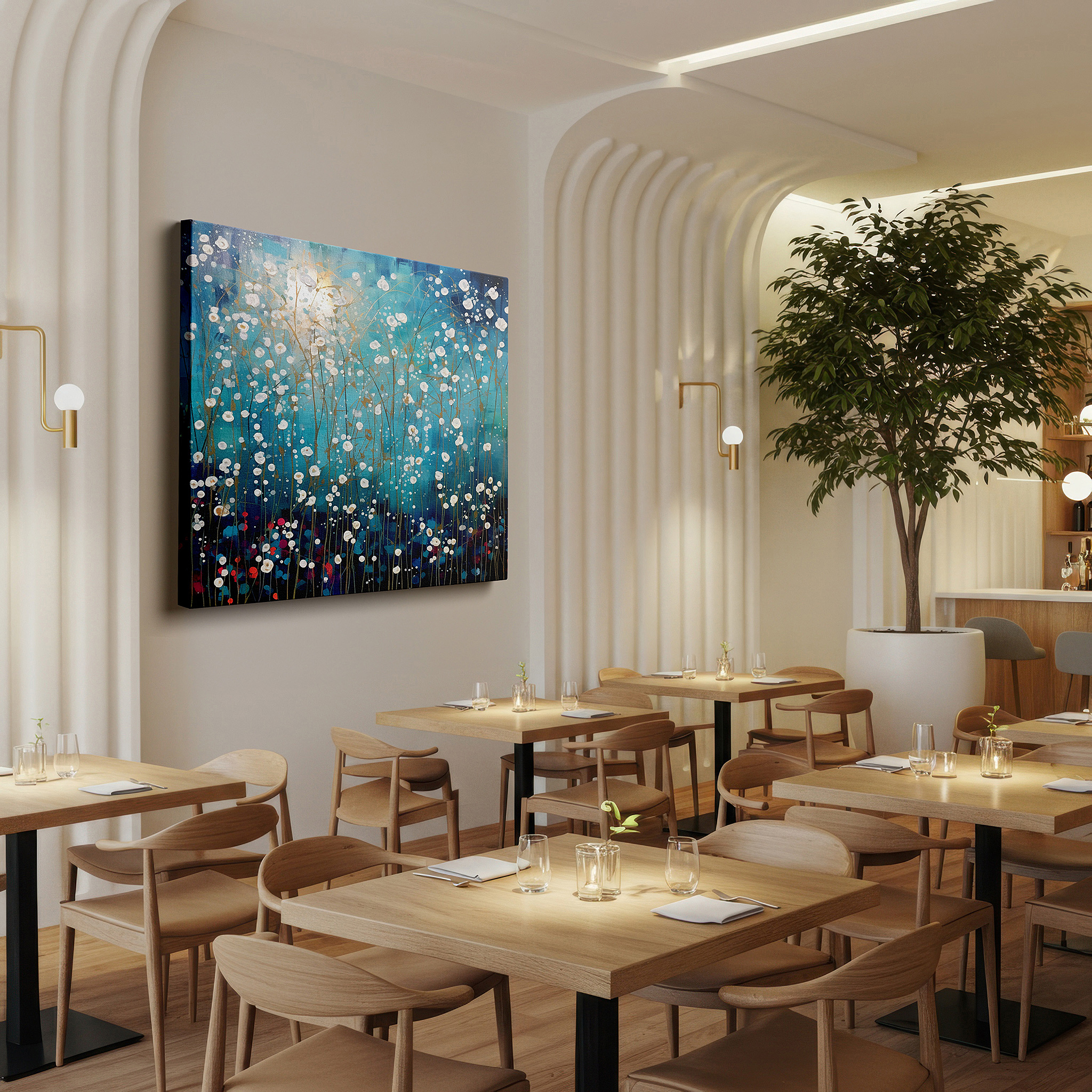 Aligned with a curated gallery wall of abstract artworks — vibrant night garden: celestial blooms and abstract florals in large wall art, canvas wall art, wall decor for office and bedroom