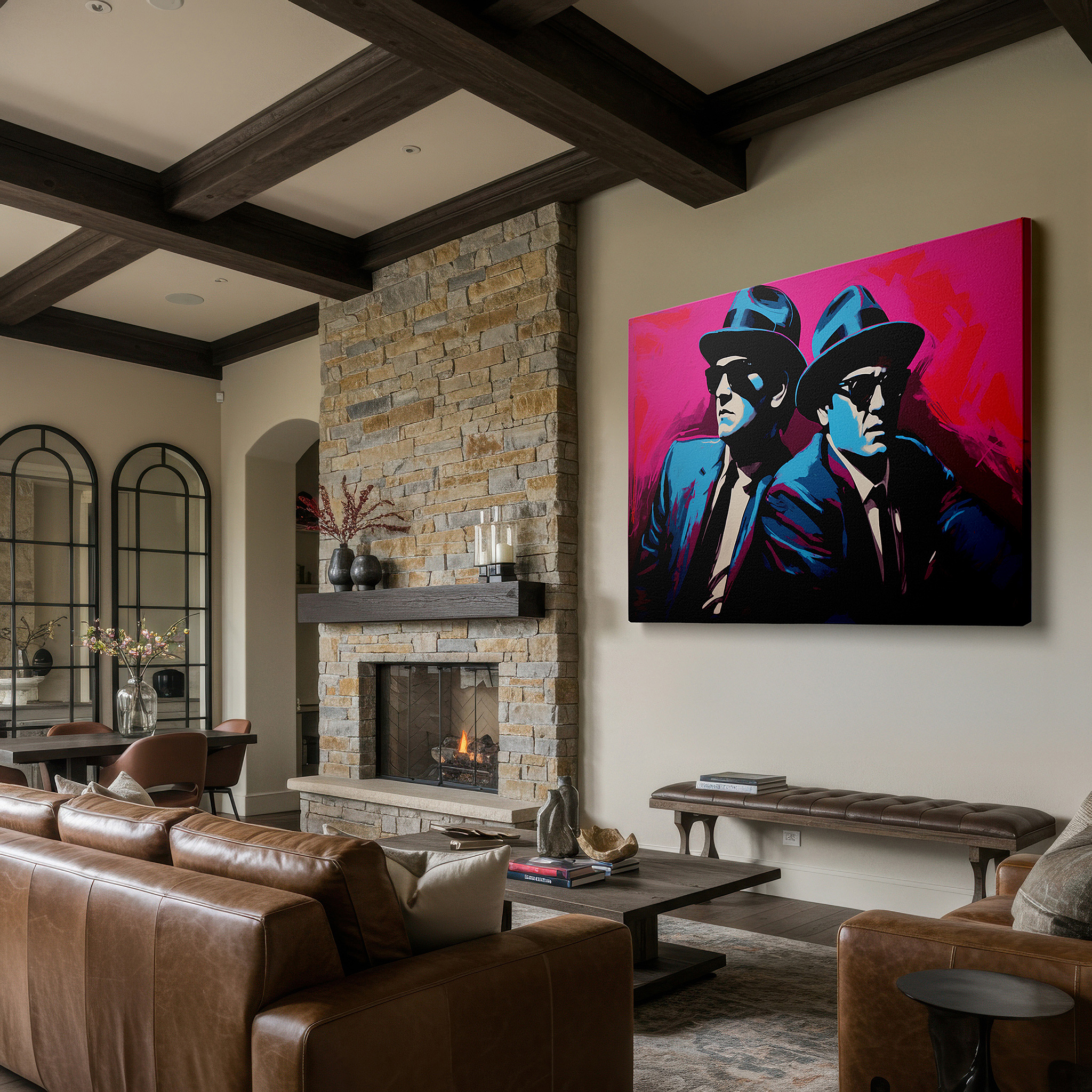 Aligned with a curated gallery wall of abstract artworks — vibrant pink and blue iconic duo - modern pop art style large wall art, canvas wall art, wall decor for office and bedroom