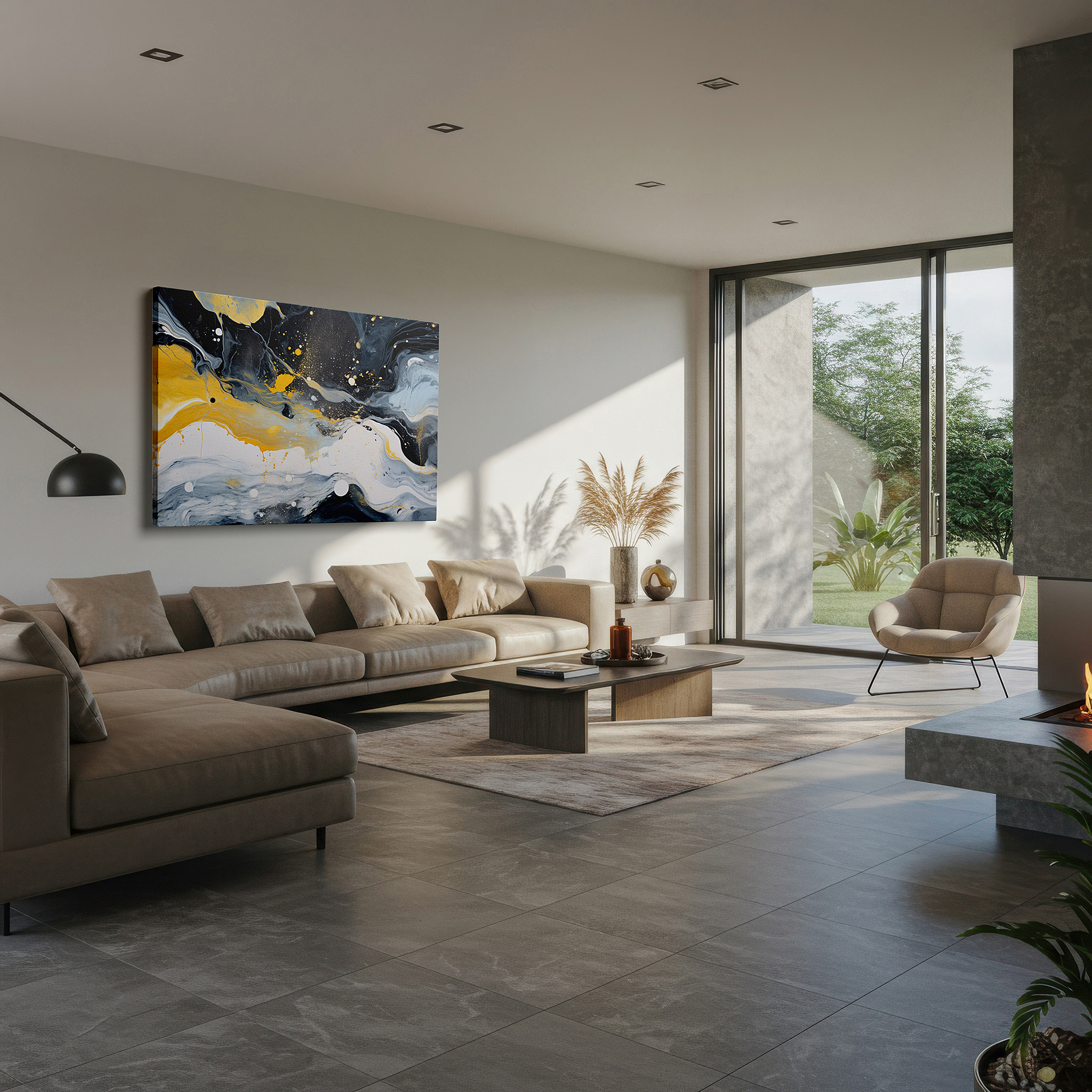 Aligned with a curated gallery wall of abstract artworks — vibrant swirls of black, yellow, and white intertwine in striking harmony - large canvas wall art for home and office decor