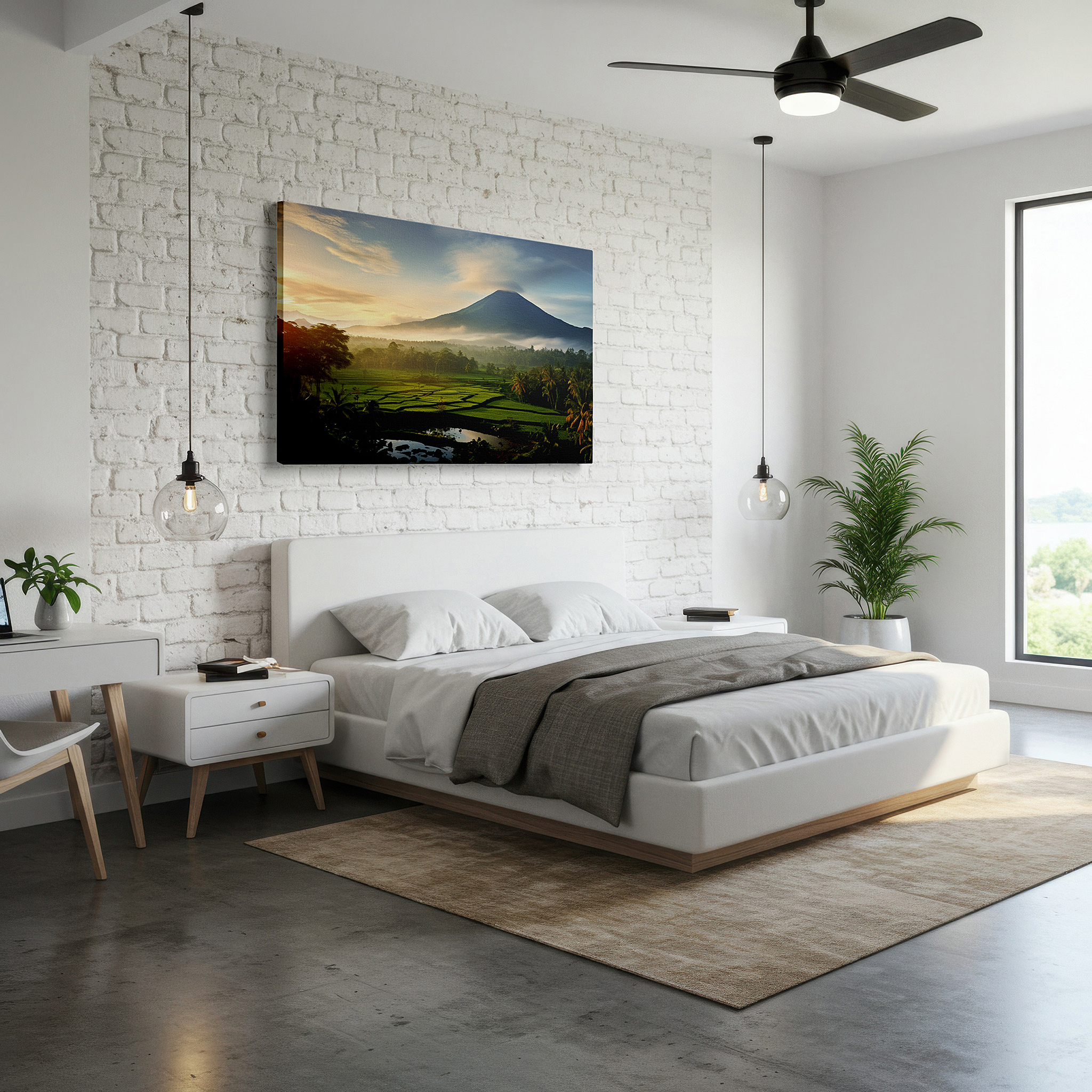 Aligned with a curated gallery wall of abstract artworks — volcanic dawn majesty: lush landscapes and golden light large canvas wall art for home and office decor