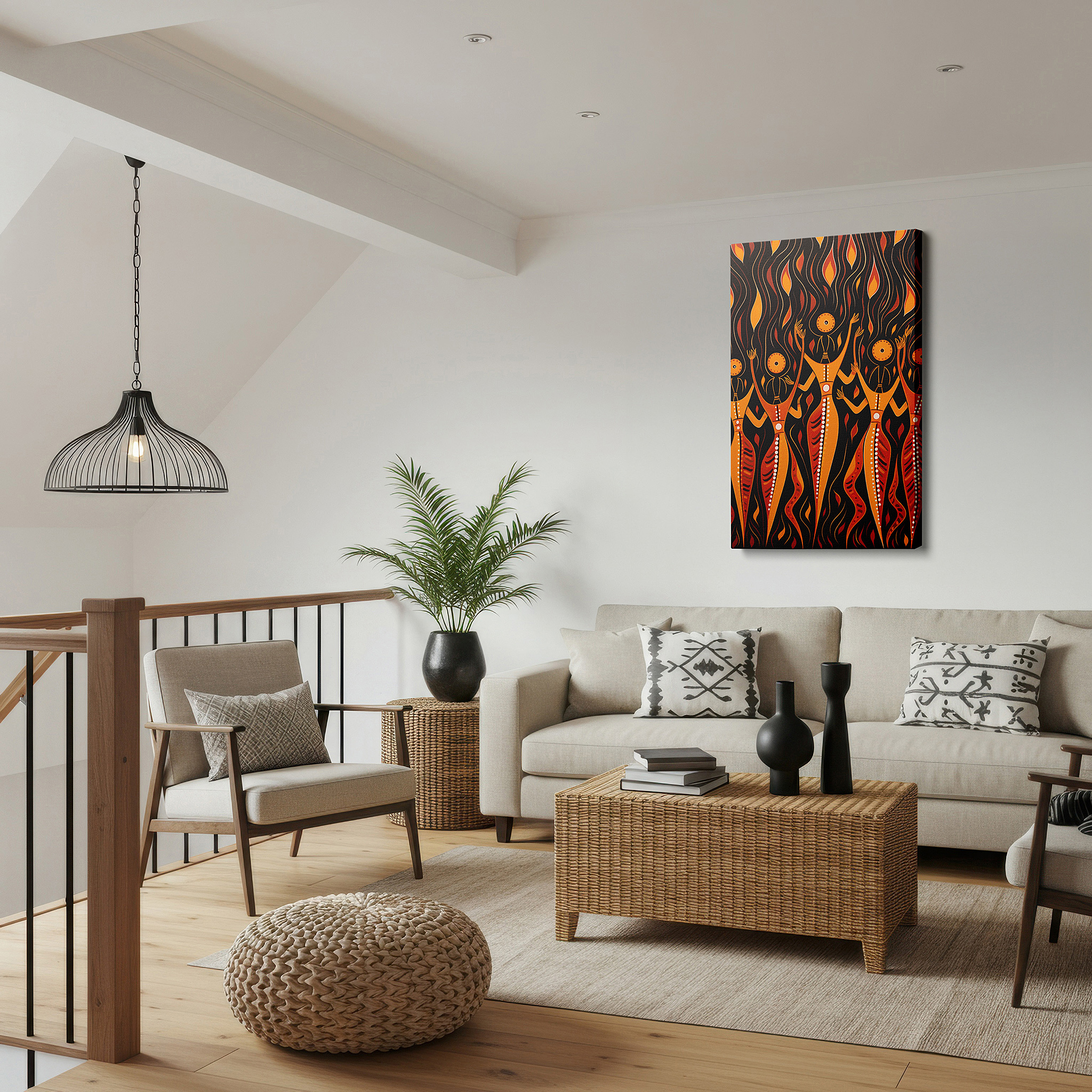 Aligned with a curated gallery wall of abstract artworks — wall art: abstract dancers - ethereal dance of spirit and flame in fiery motion, large canvas wall art for office and bedroom decor