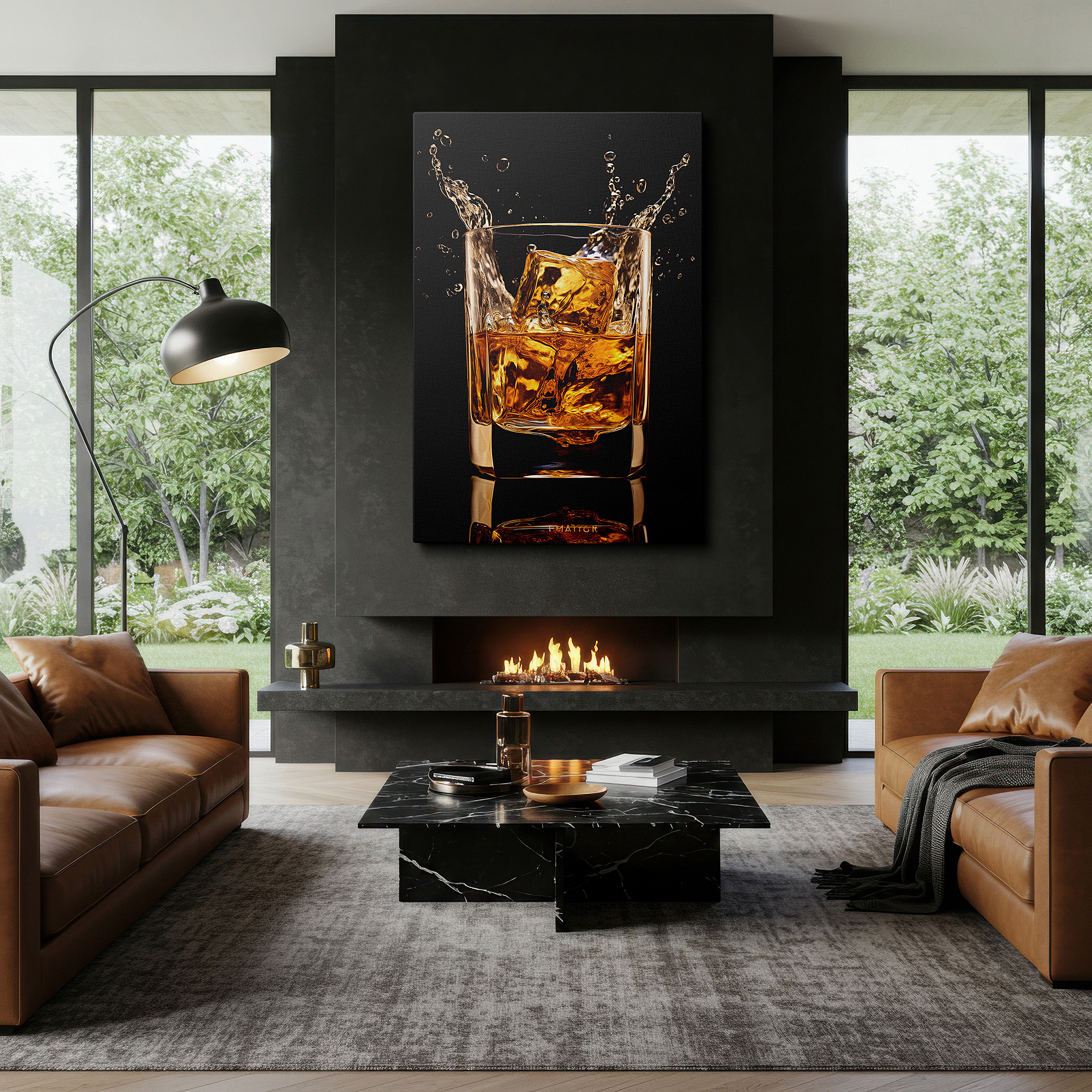 Aligned with a curated gallery wall of abstract artworks — wall art: "a dance of ice and whiskey amidst golden splashes" - large canvas art for office, bedroom, and living room decor