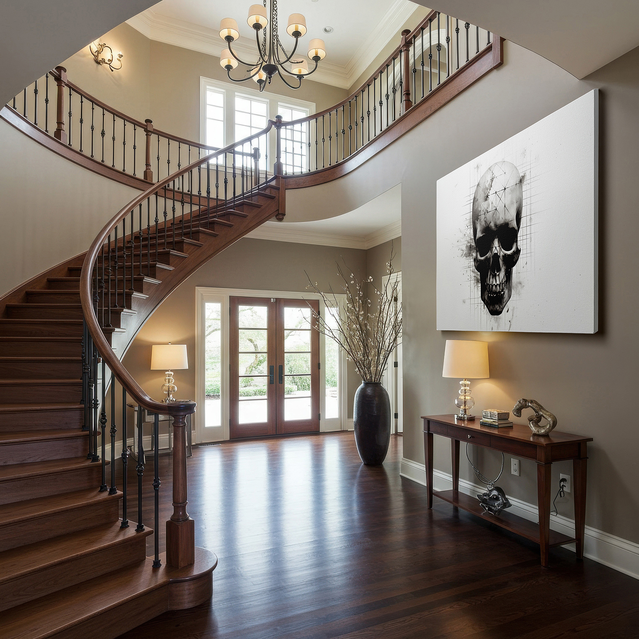 Aligned with a curated gallery wall of abstract artworks — wall art: explore the essence of existence with a geometric skull design - large canvas art for home and office decor, ideal for living rooms and bedrooms