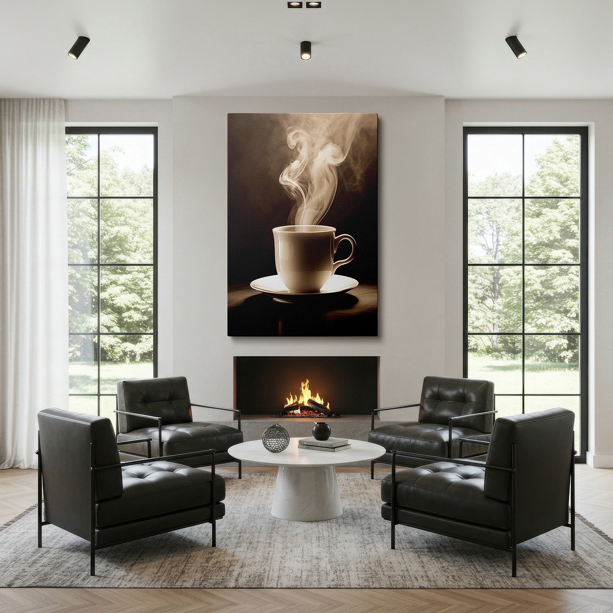 Aligned with a curated gallery wall of abstract artworks — wall art: serene coffee cup with rising steam - a peaceful reminder to enjoy the simple joys in life. ideal for home or office decor, large canvas wall art.