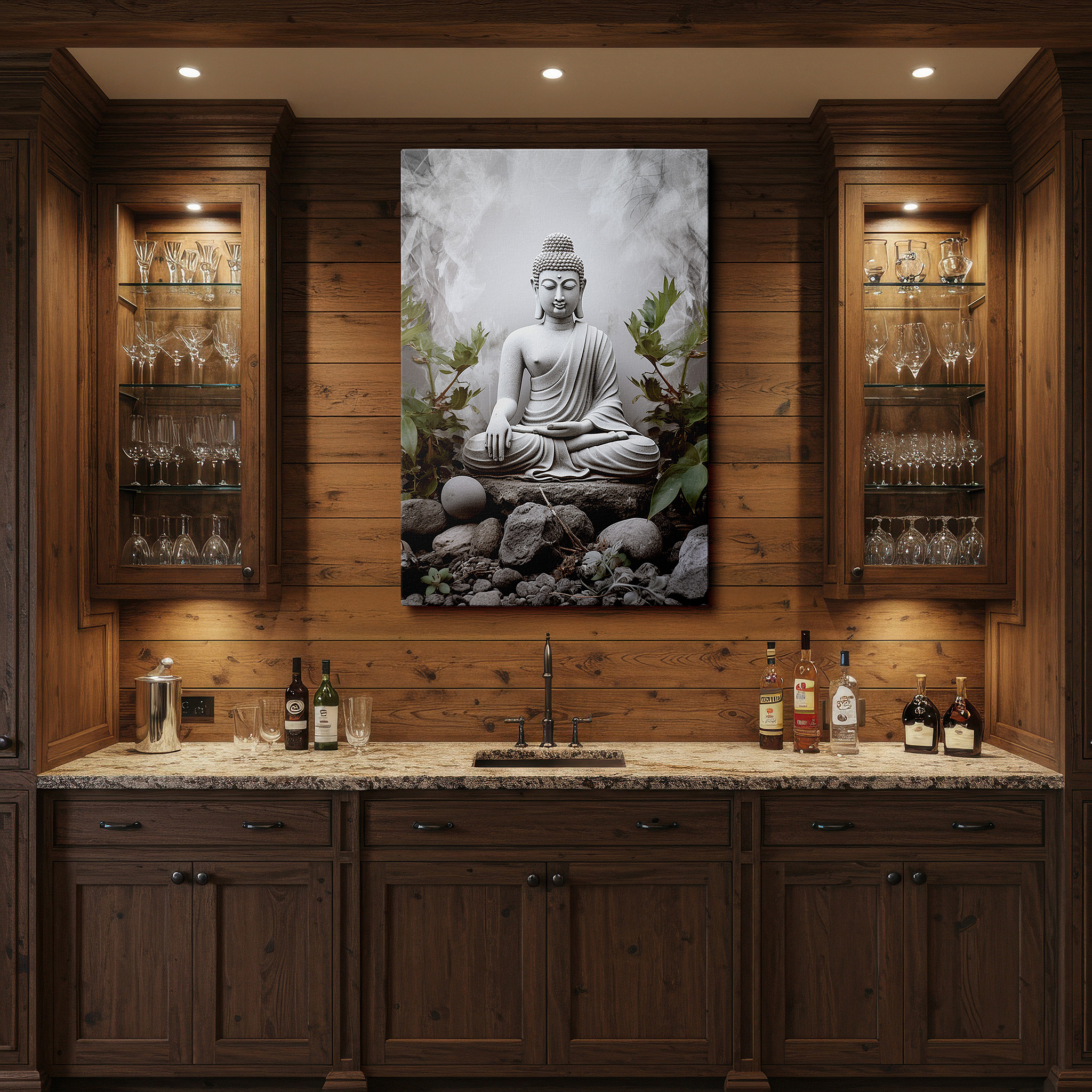 Aligned with a curated gallery wall of abstract artworks — wall art: tranquil white marble buddha surrounded by verdant foliage - a representation of peace and enlightenment. ideal for home or office decor, available as large canvas wall art.