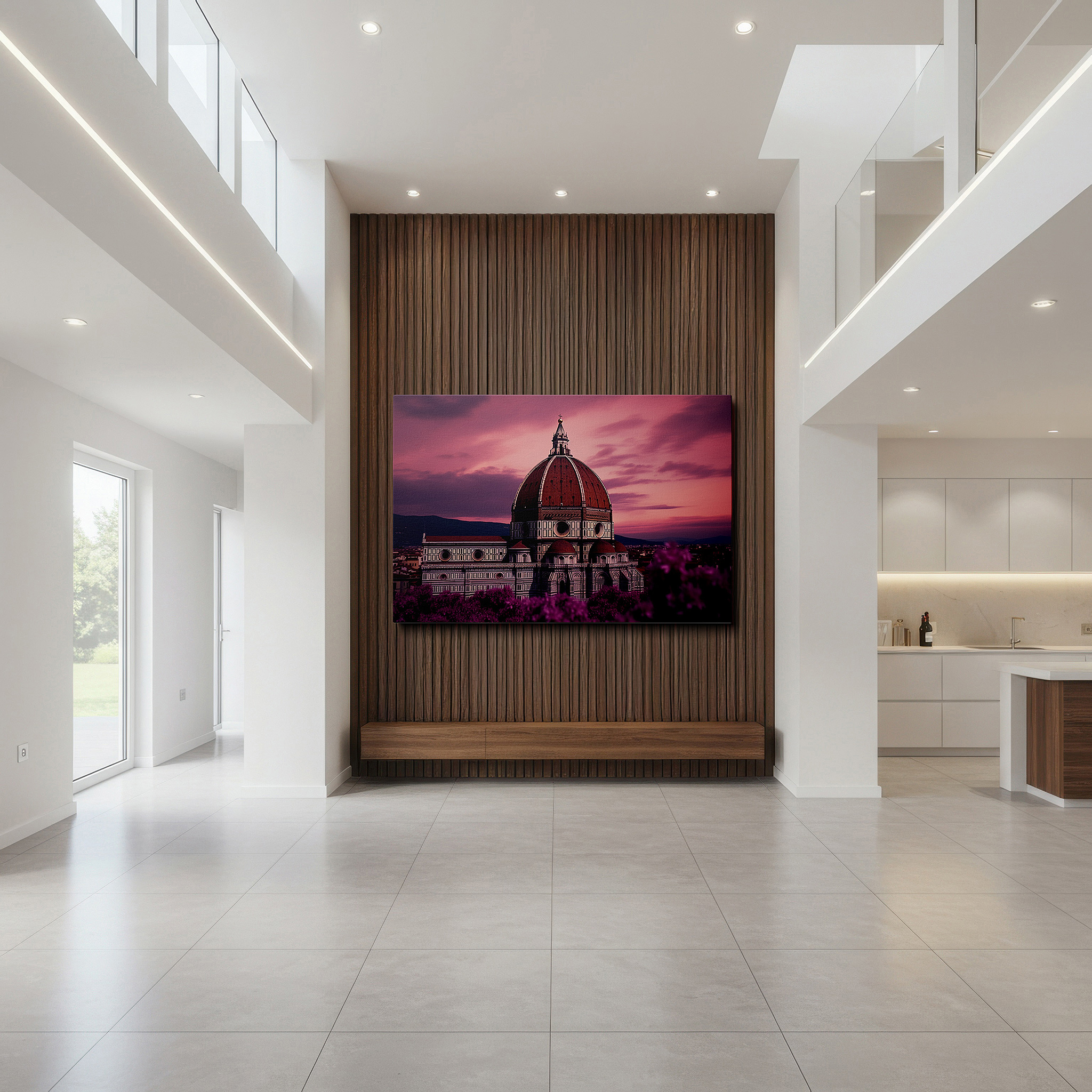 Aligned with a curated gallery wall of abstract artworks — wall art: twilight majesty of florence duomo - experience the radiant spectrum and historical grandeur with large canvas wall art for home and office decor